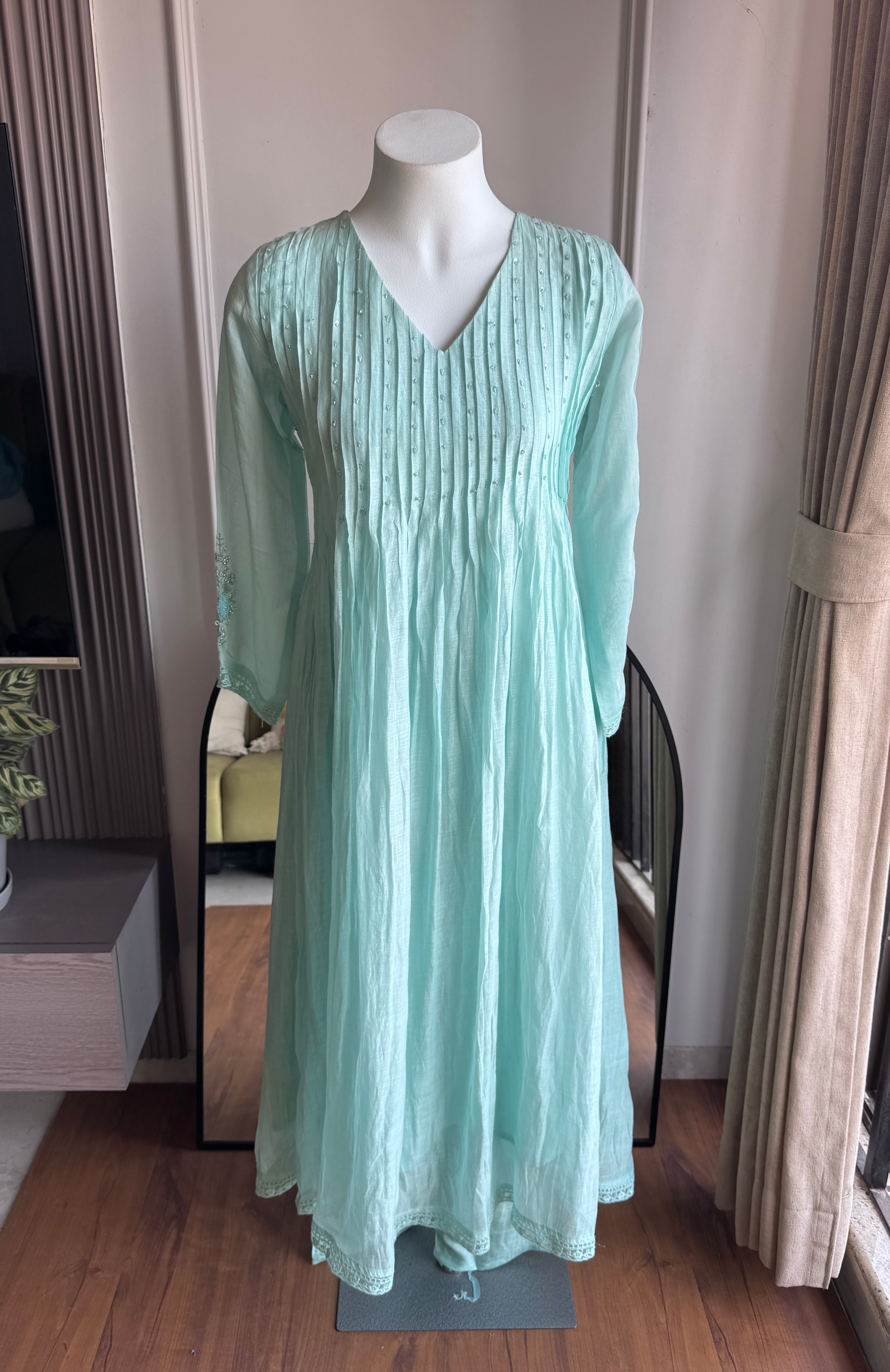 Pushti Handwork Mul Chanderi  Dress - Powder Blue