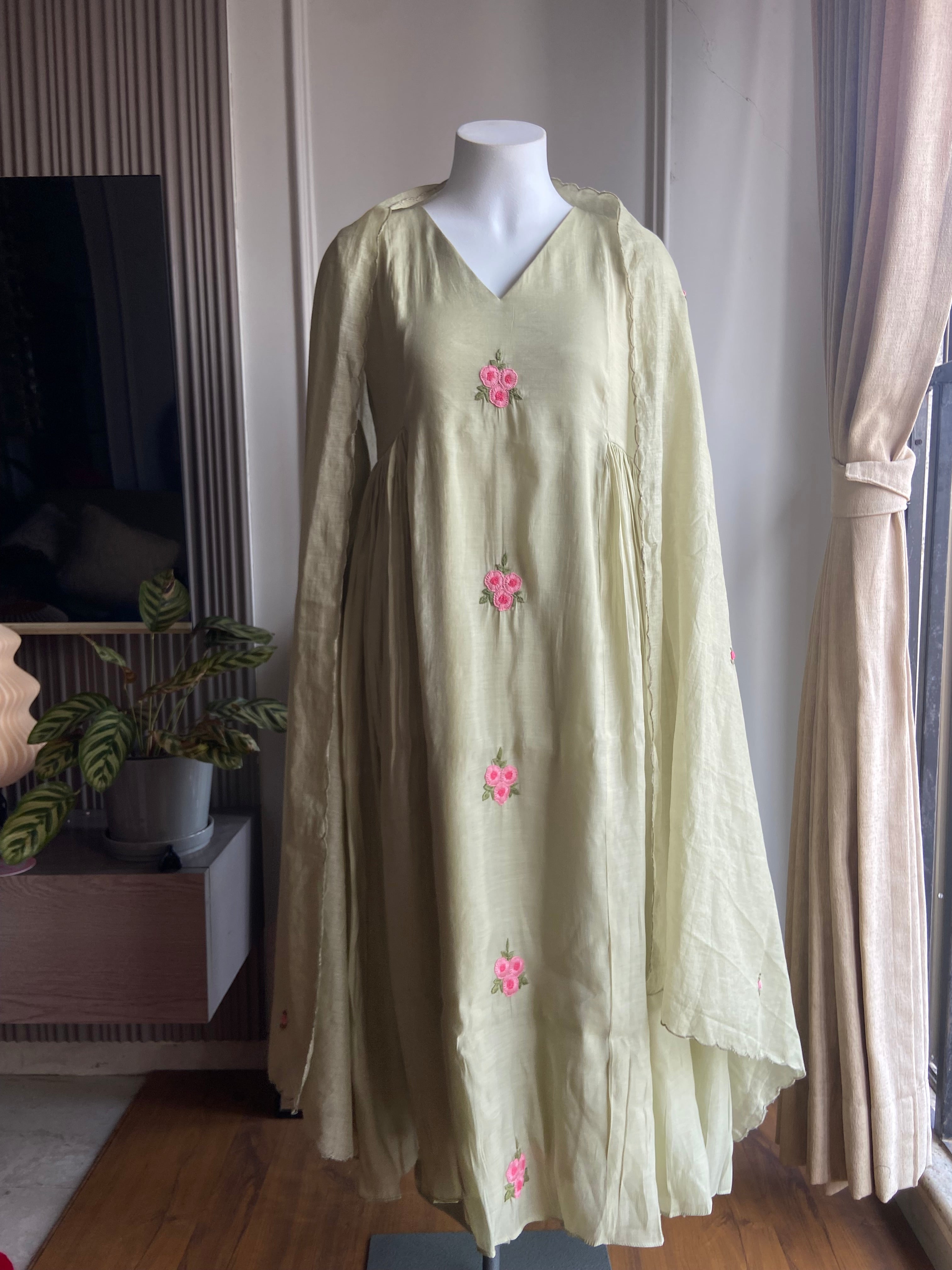 Rashmika floral embroidered dress- soft pista green