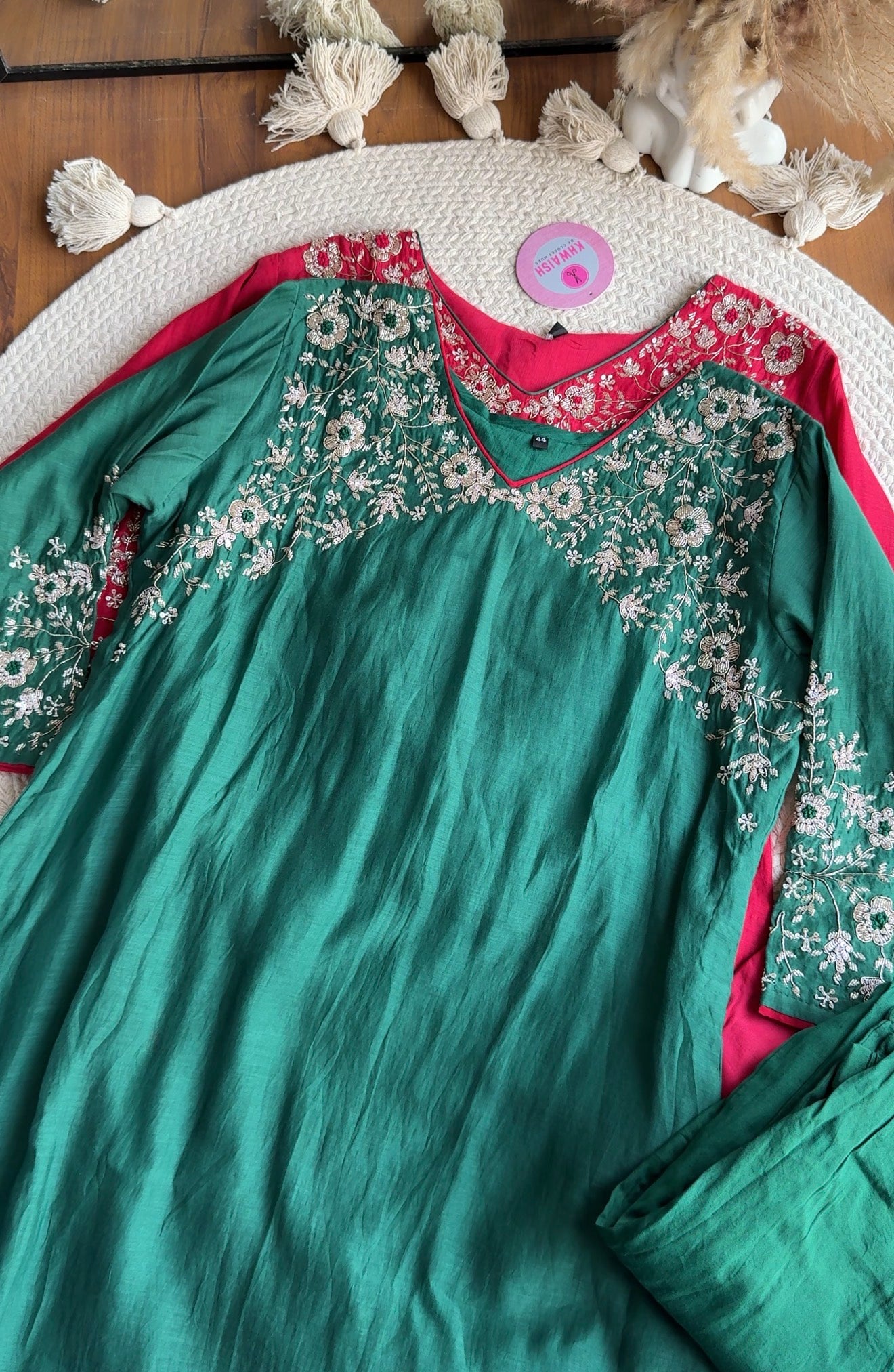 Sima Handwork Mul Chanderi Dress- Green