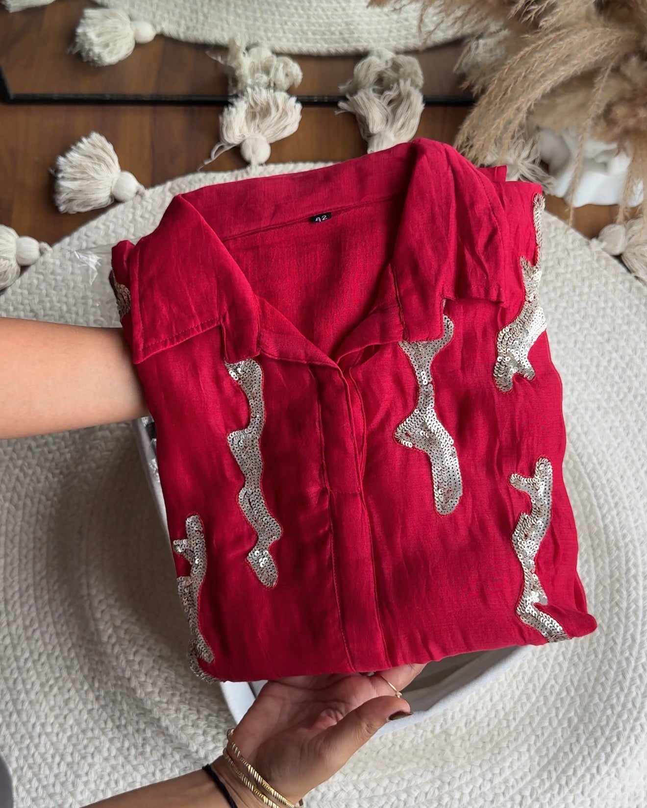 Vrinda Handwork Mul Chanderi Coord Set-Red