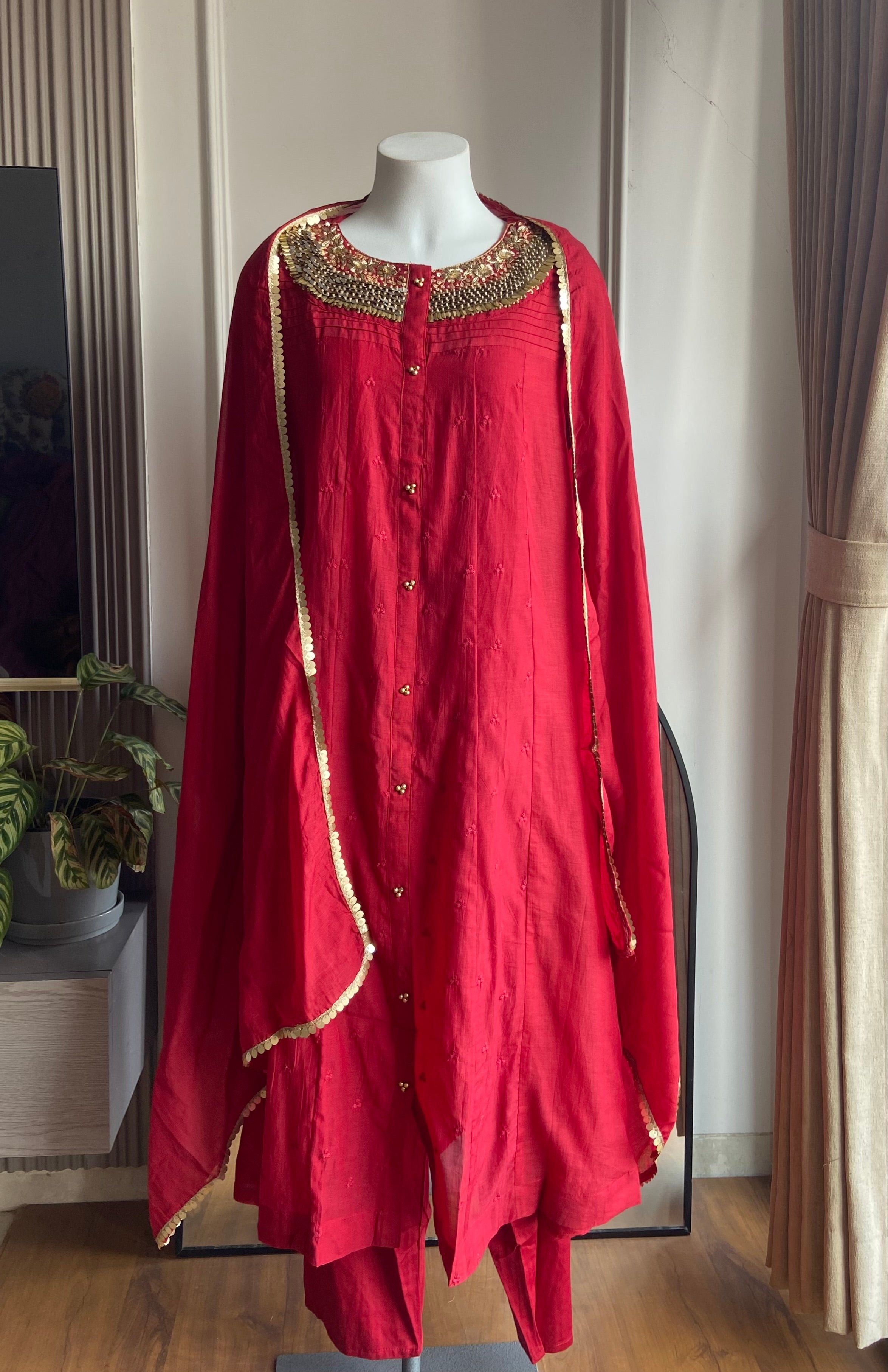 Yukti Handwork Mul Chanderi Dress- Red