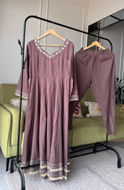 Kapila Cotton Anarkali With Tie Back Pillow Tassels  - Brown