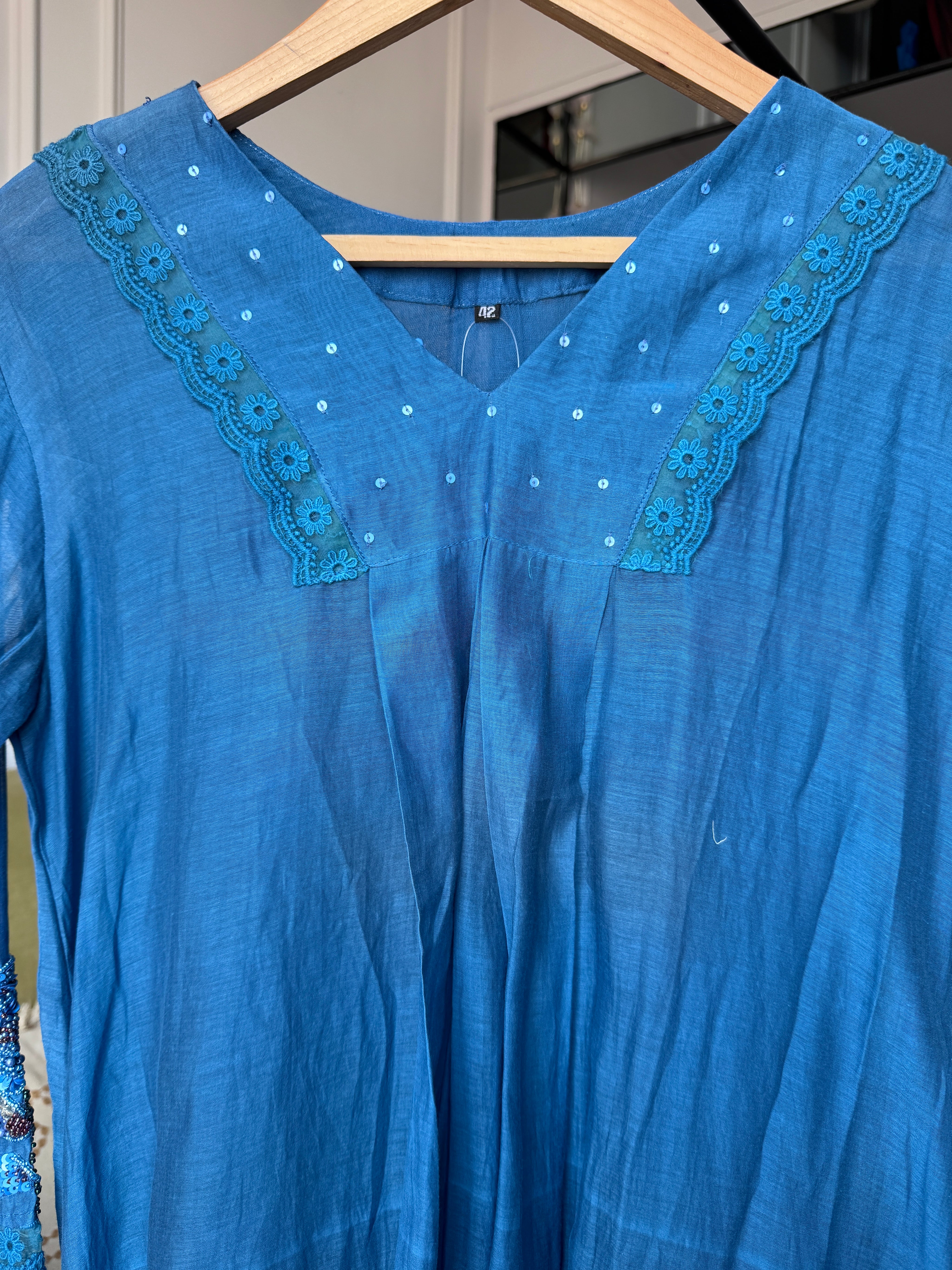 Vidhi Aline embroidered hand work sleeve mul Chanderi dress(Preorder 10 days)- Blue