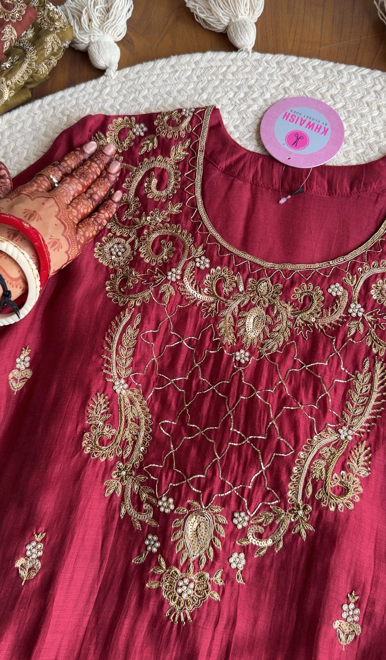 Shama Hand  Zardoshi Aline Dress- Maroon