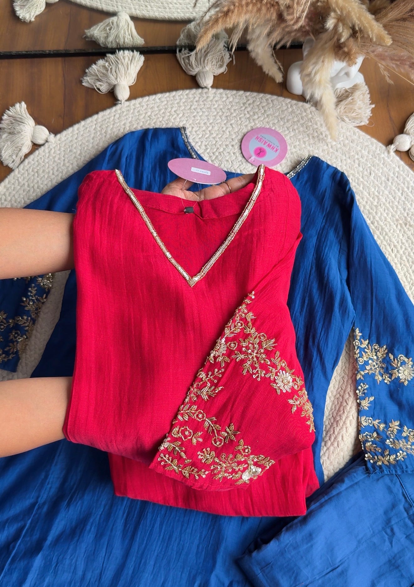 Naina Handwork Mul Chanderi Dress-Red ♥️