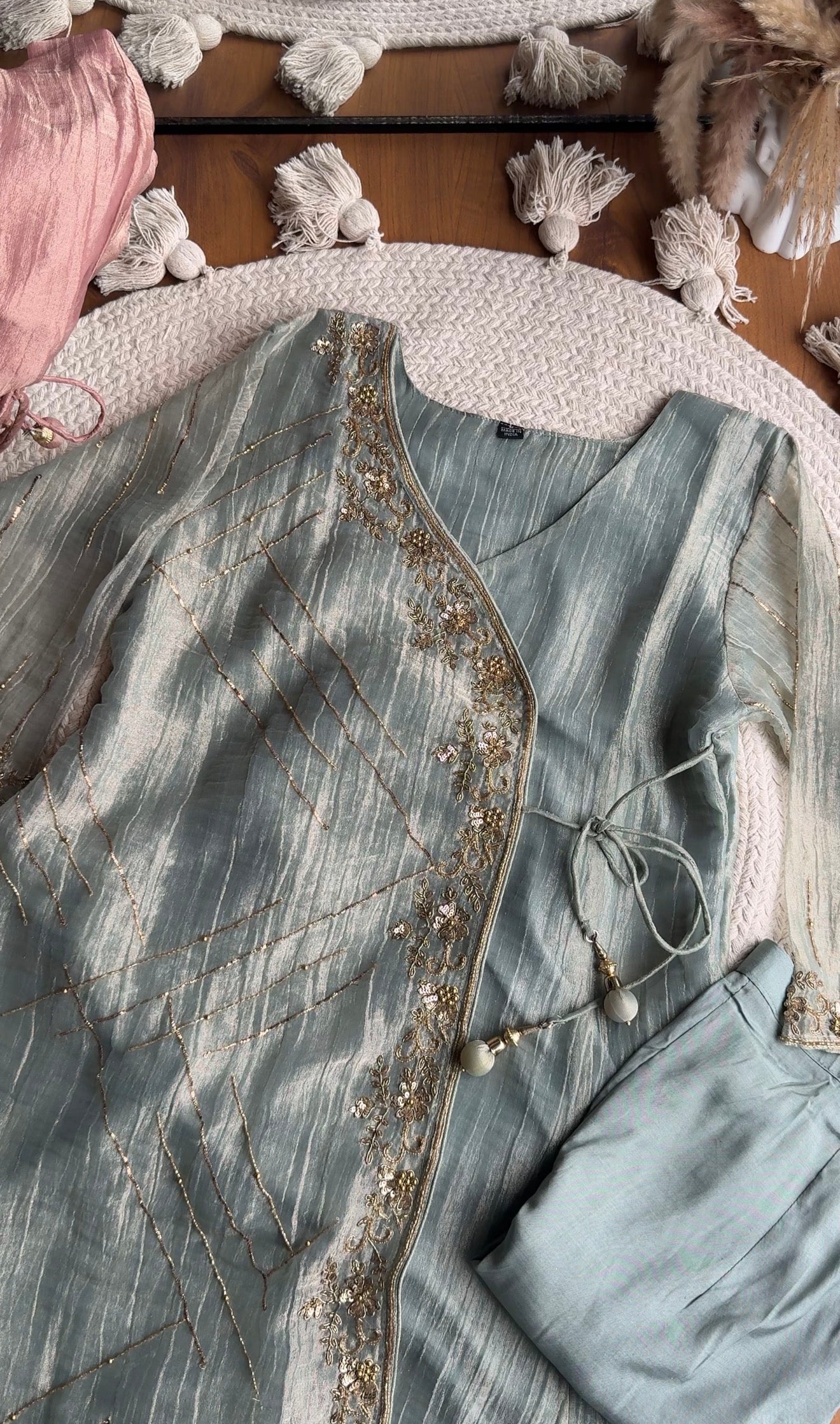 Khushi Handwork Angrakha Dress- Mint Green