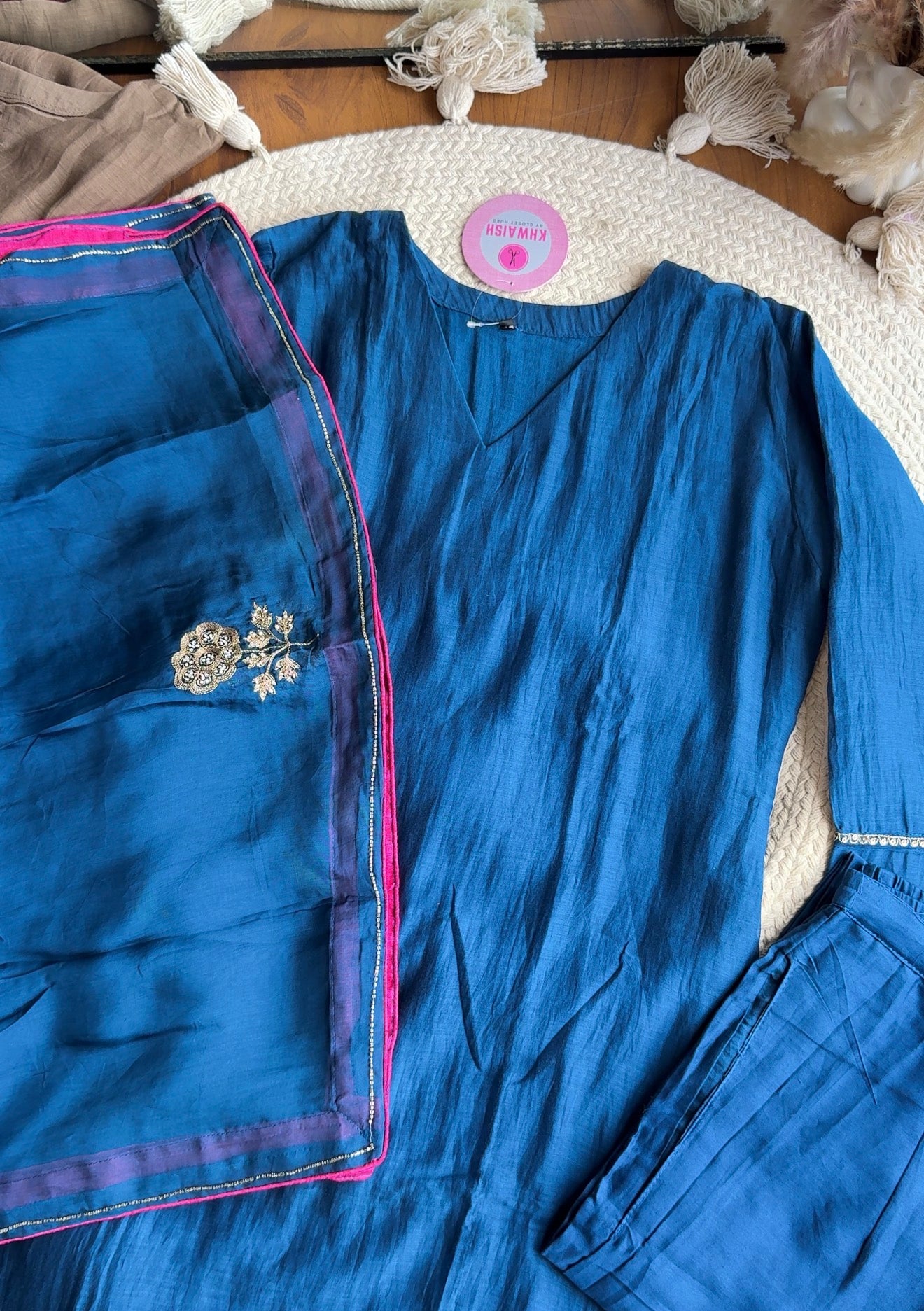 Sneha V Neck Mul Chanderi Dress- Blue