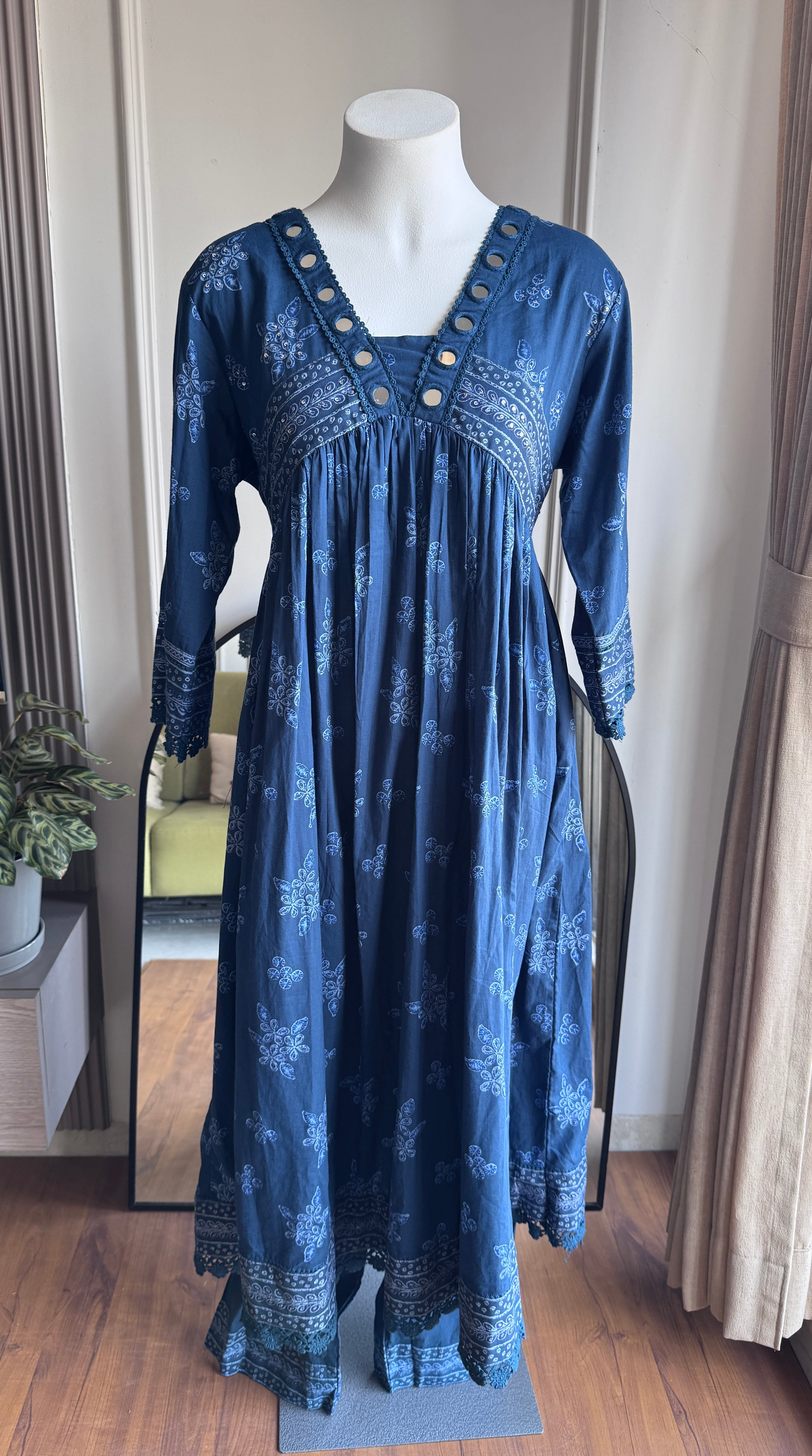 Mahi Mirror Work Anarkali Dress- Blue