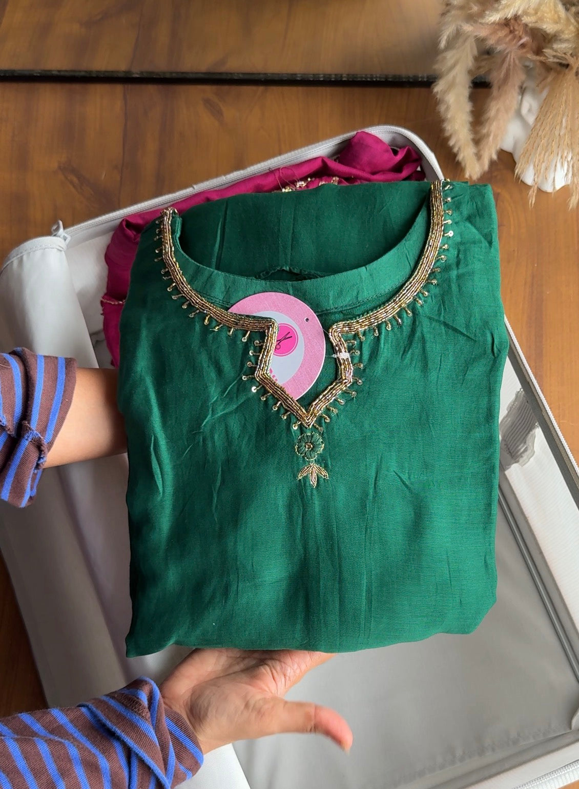 Mita Handwork Mul Chanderi Dress-Green