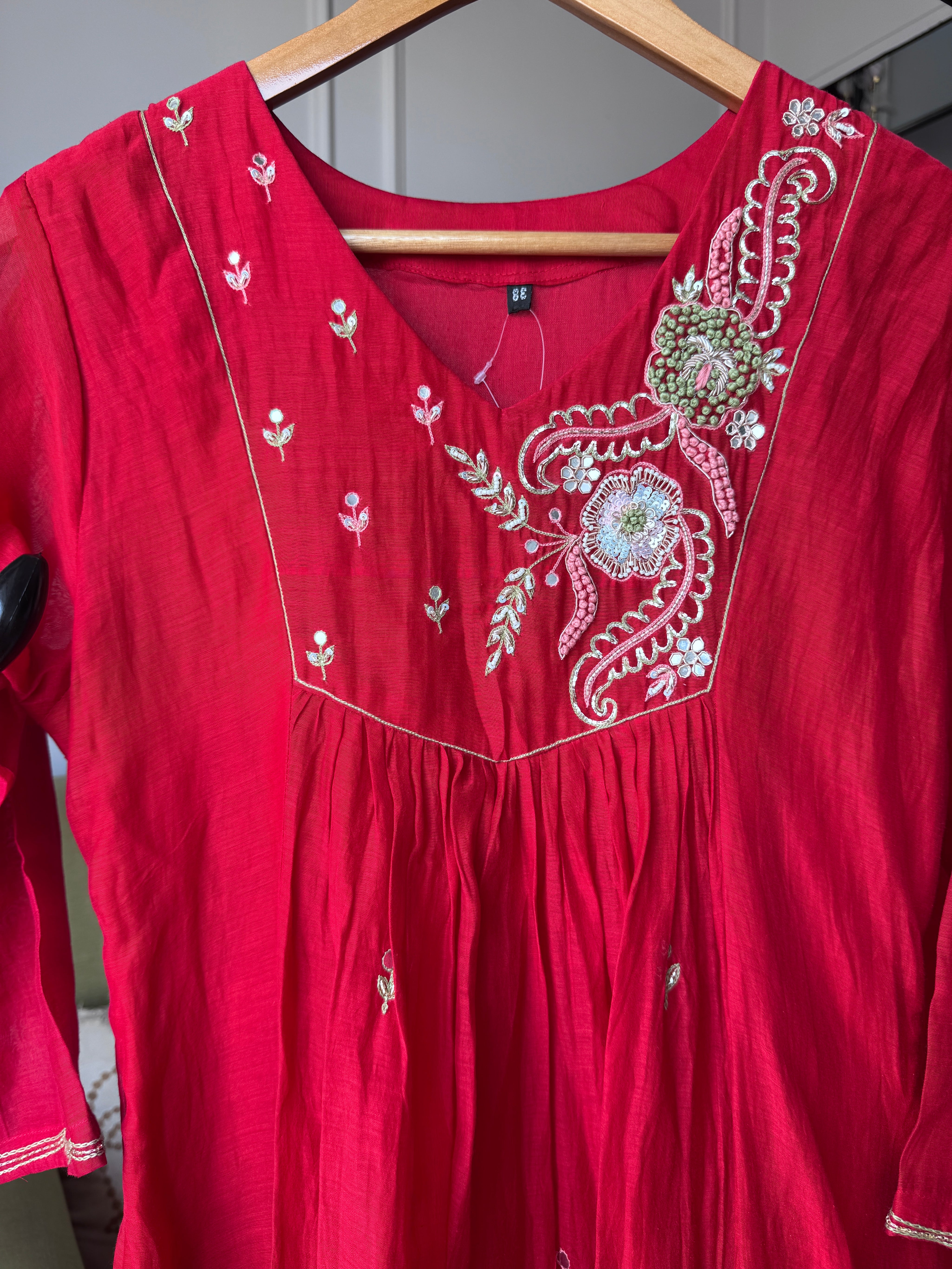 Farheen  Handwork Mul Chanderi Dress- Cherry Red