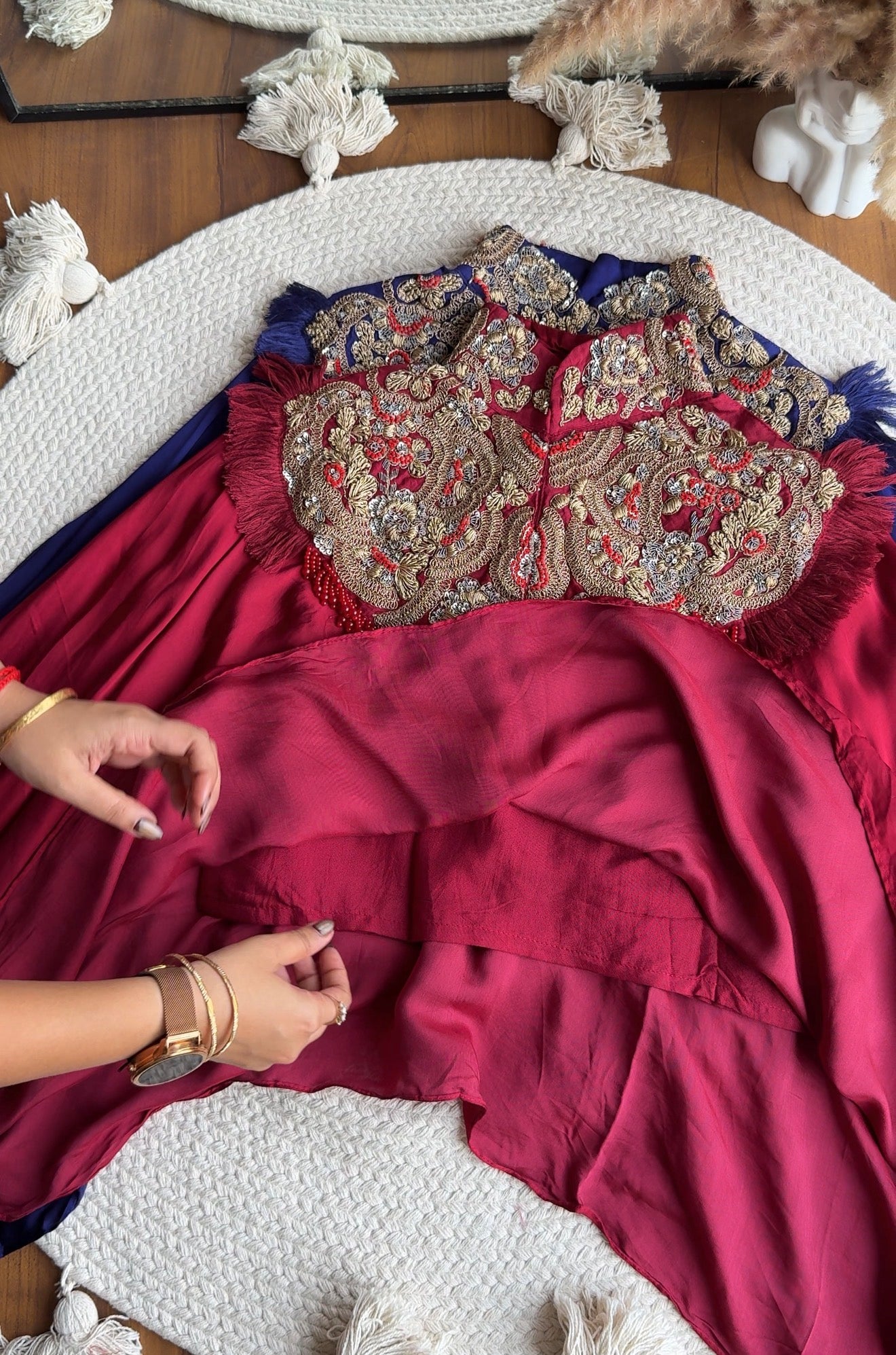 Anushka pure jardozi hand work short kaftan with dhoti- blood red