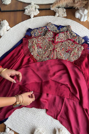 Anushka pure jardozi hand work short kaftan with dhoti- blood red