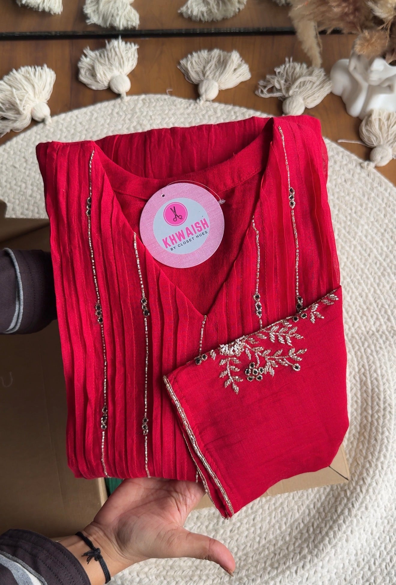 Shubhi aline Mul Chanderi Hand Work Dress- Red