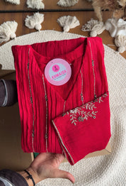 Shubhi aline Mul Chanderi Hand Work Dress- Red