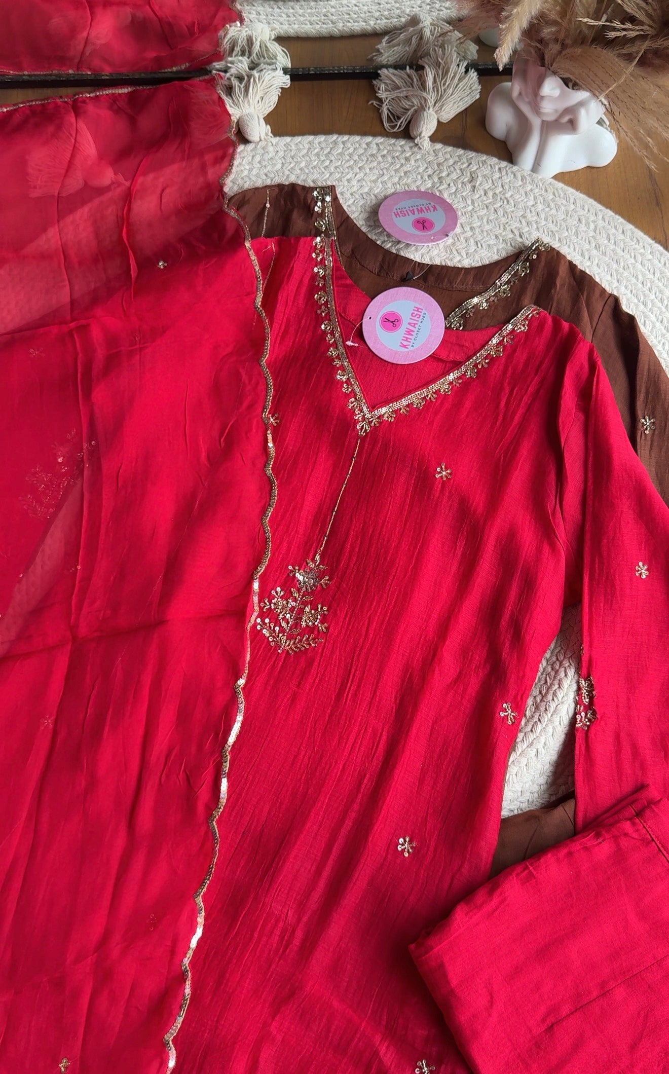 Akshara Hand Work Aline Dress- Red