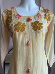 Soniya Handwork Mul Chanderi Set-Dusty Yellow (Make to Order)