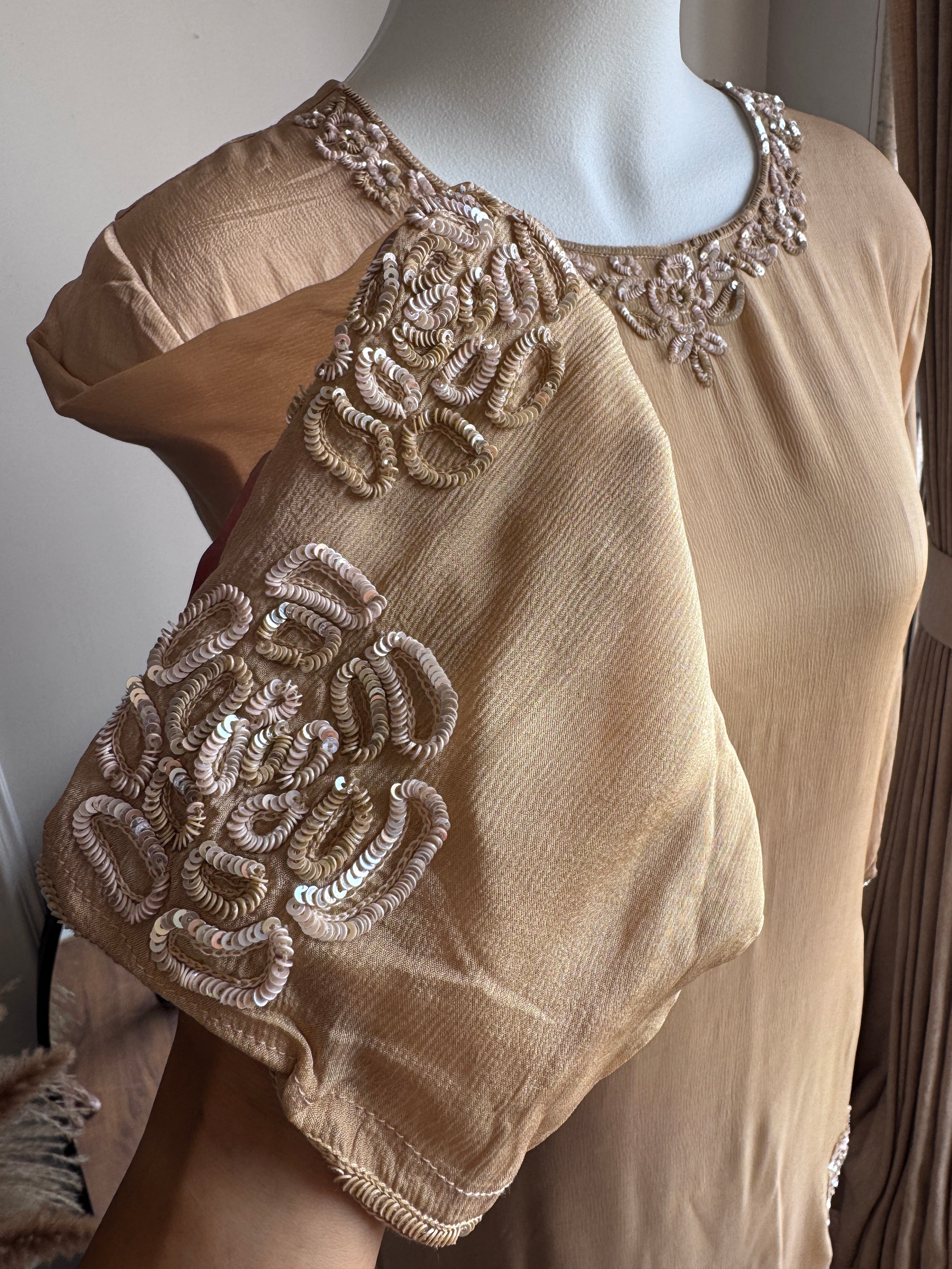 Esha Handwork Short Kurta Sharara Dress-Beige (Make to Order)