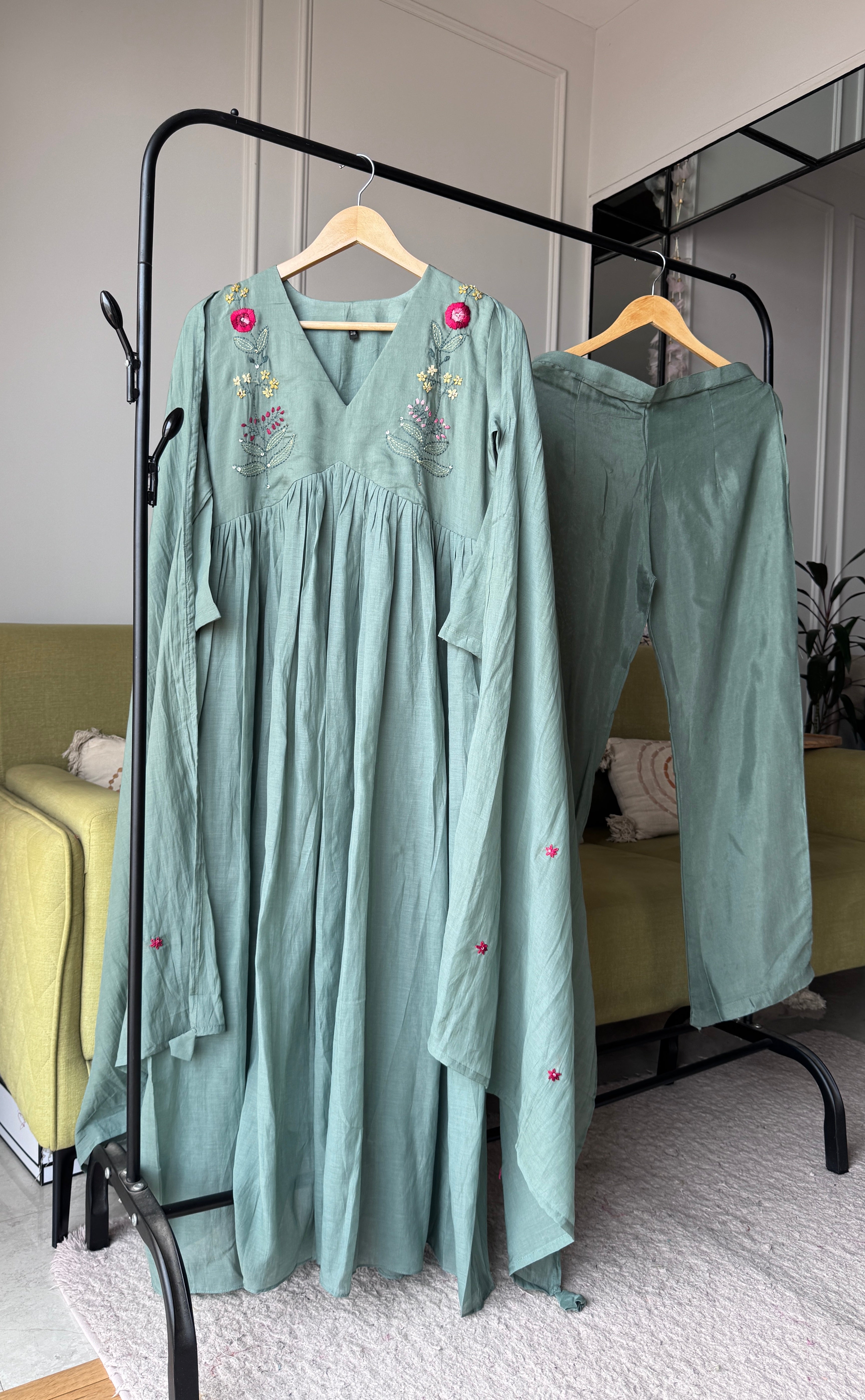 Shrishti Embroided Mul Chanderi Dress- Rama Green