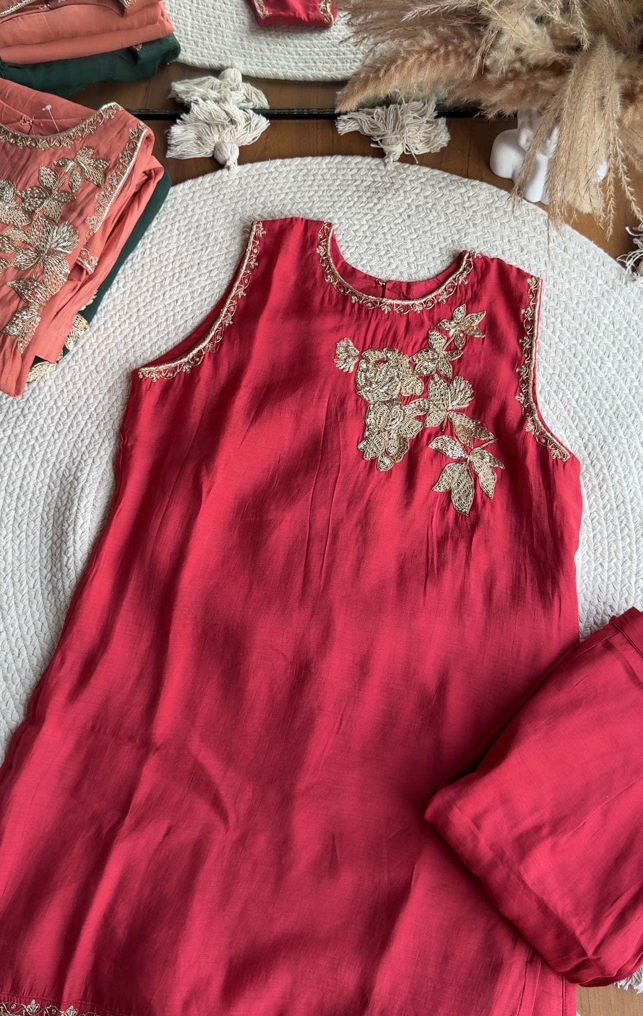 Siona Short Kurta Hand Work Dress With Sleeve Option- Rust