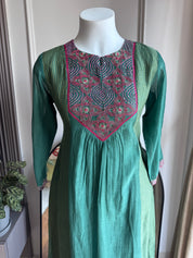Noori Handwork Mul Chanderi Dress- Green