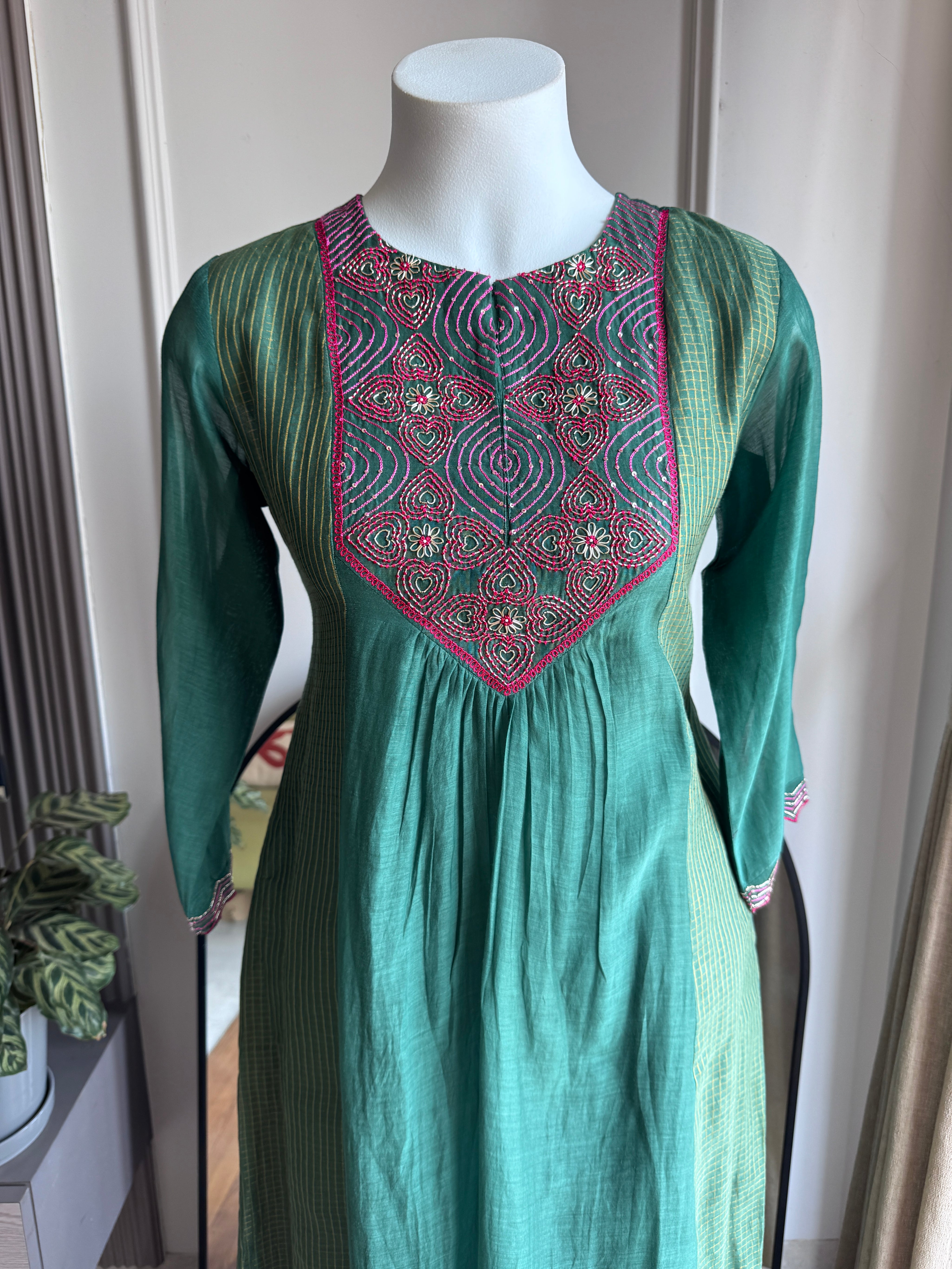 Noori Handwork Mul Chanderi Dress- Green