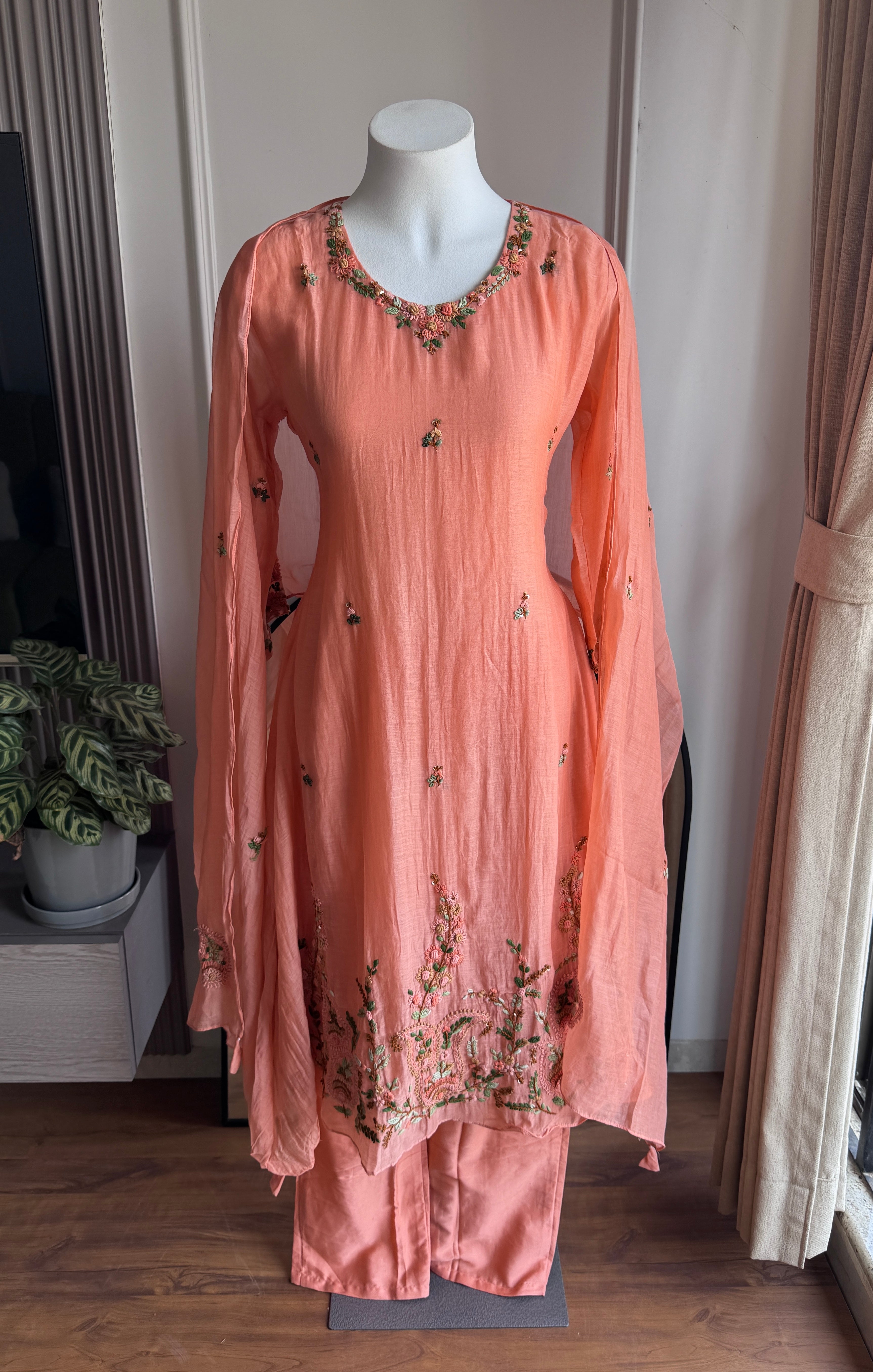 Hrida Katha Work Mul Chanderi Dress- Peach (Make to Order)