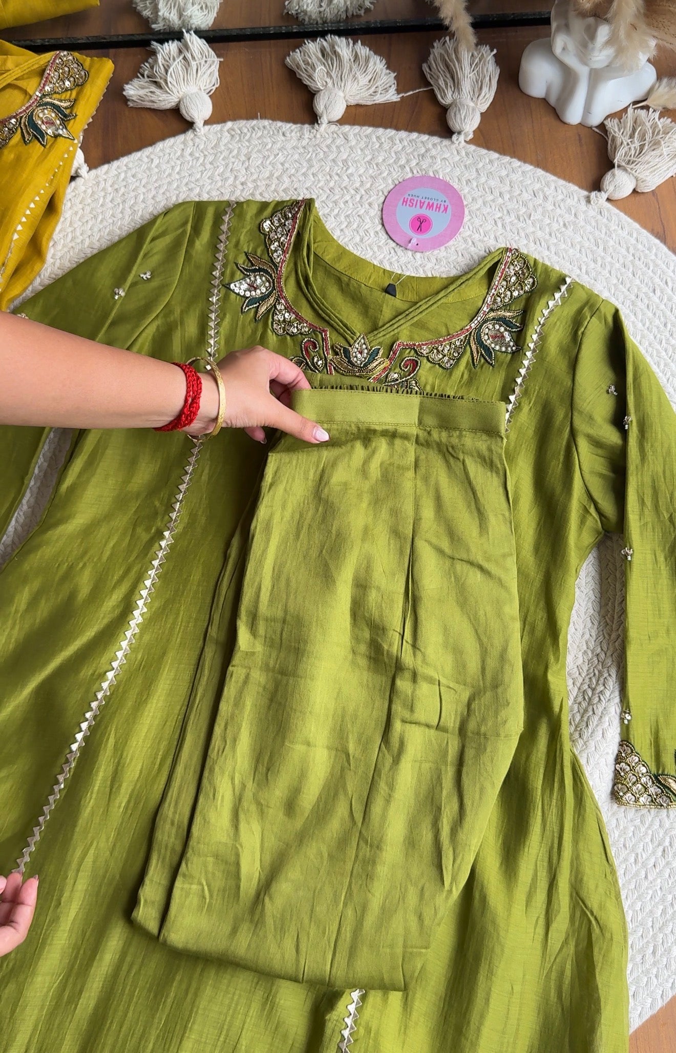Pooja Necklaces Mul Chanderi Dress-Green