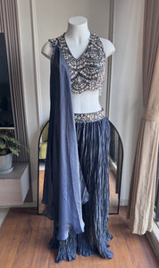 Sana halter neck blouse with palazzo and choker dupatta - Blueish Grey
