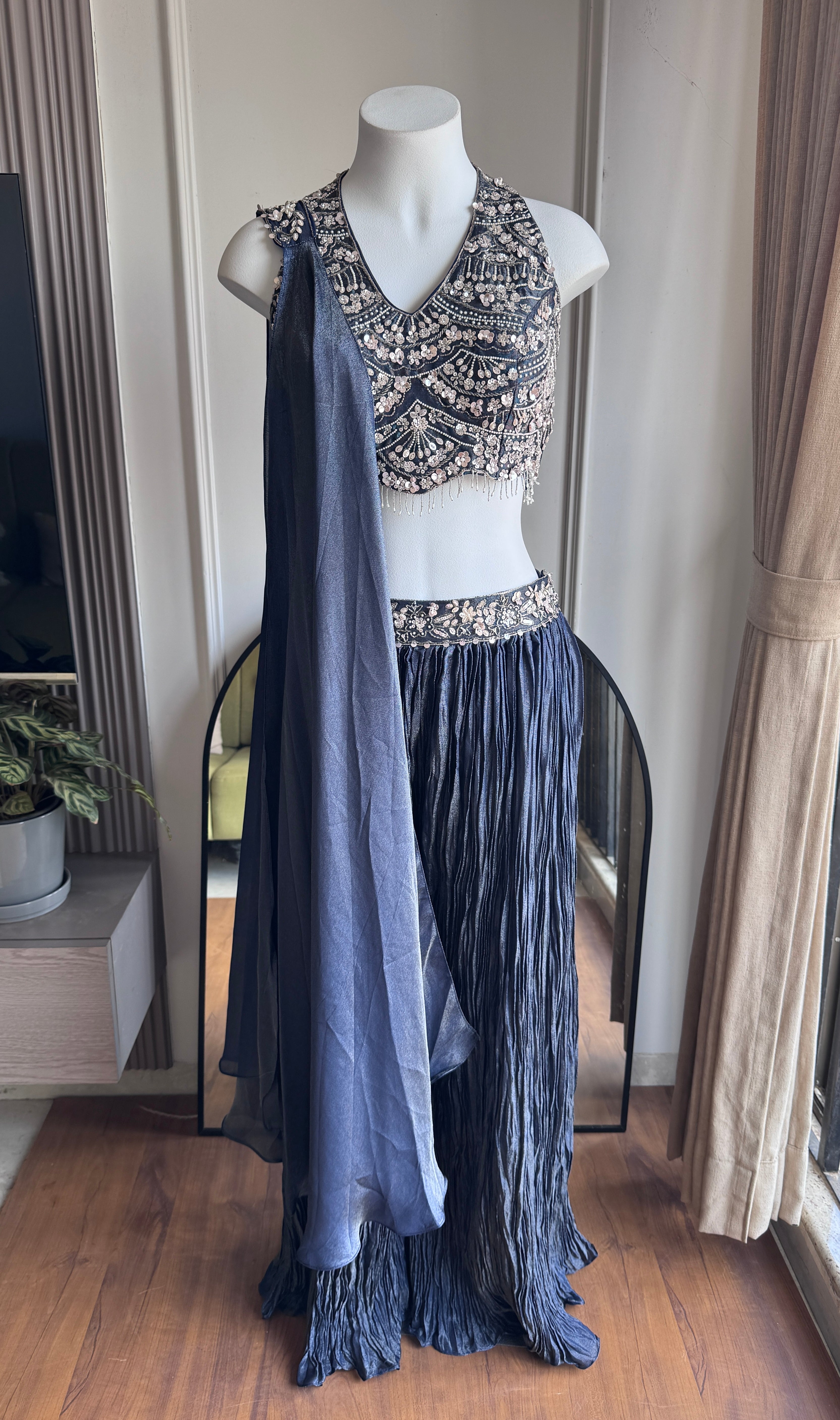 Sana halter neck blouse with palazzo and choker dupatta - Blueish Grey