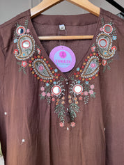Mannat Pocket Embroided Mul Cotton Dress- Brown