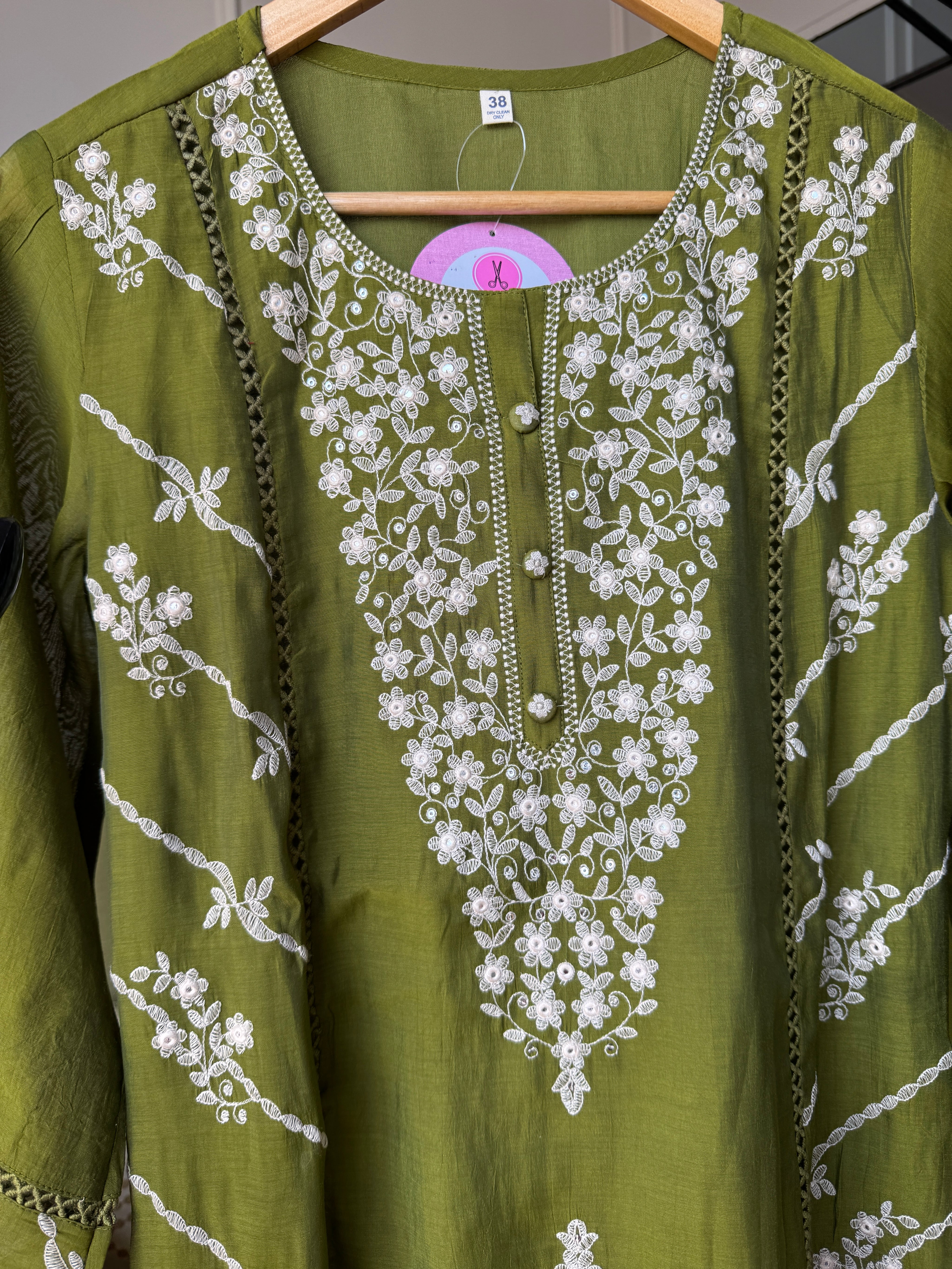 Zhalak Thread Work Side Cut Dress- Green