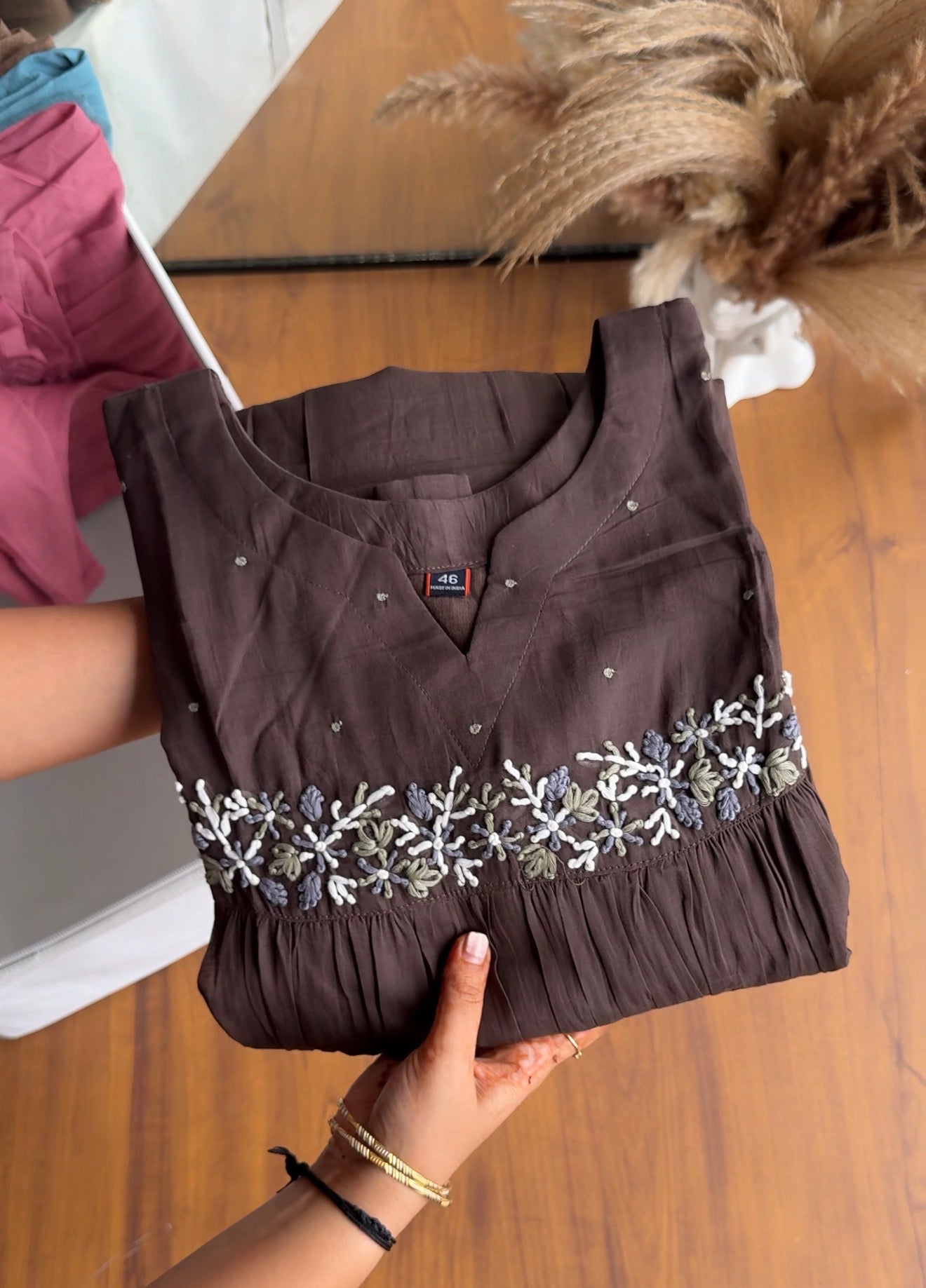 Lina Embroided Cotton Dress- Brown