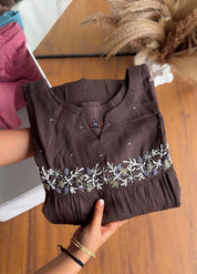 Lina Embroided Cotton Dress- Brown