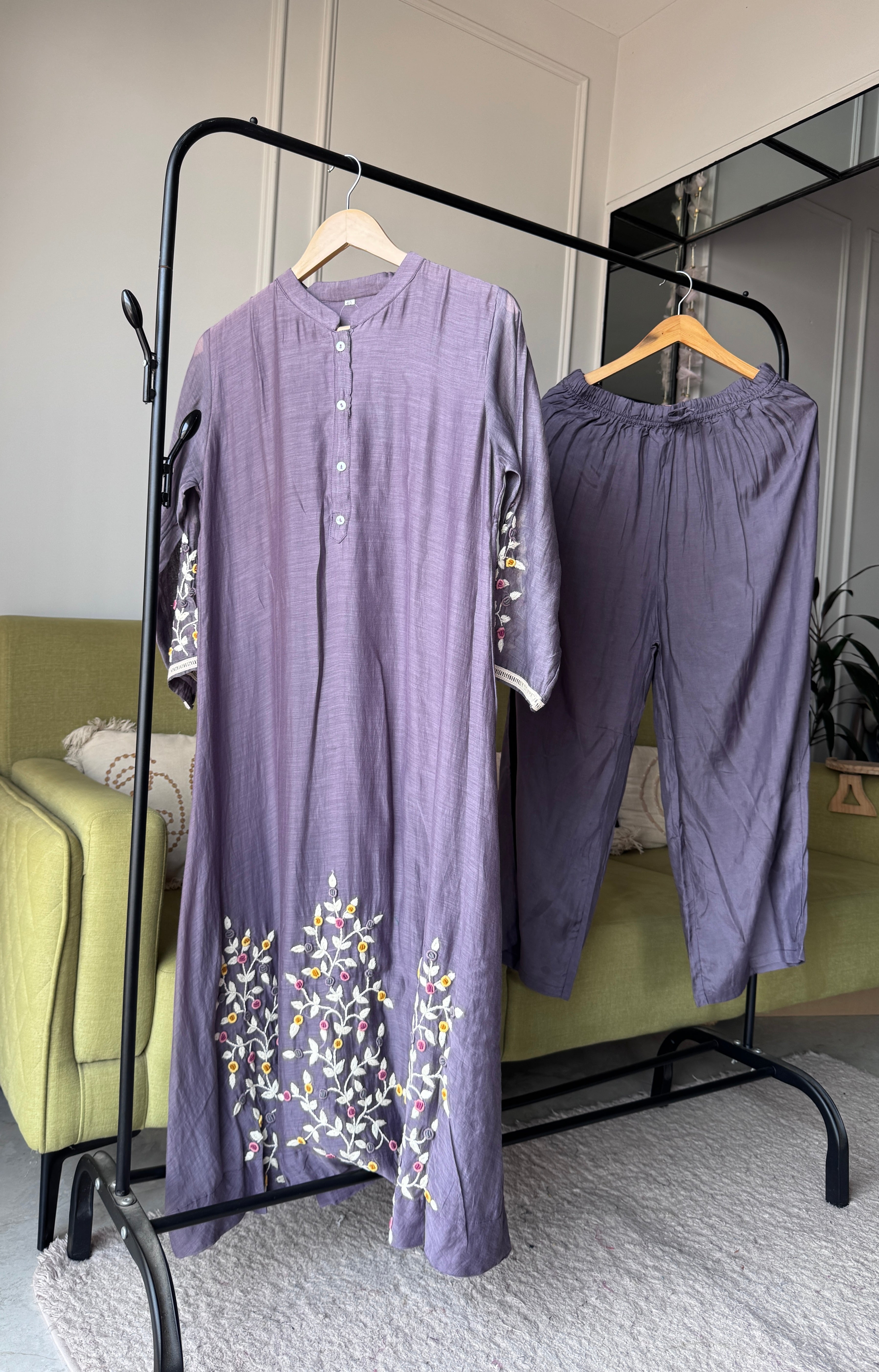 Vaishali Embroided Mul Chanderi Dress- Grey