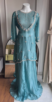 Zheel Handwork Bustier With Short Kurta And Plazzo Pants- Sky Blue(Make to Order)
