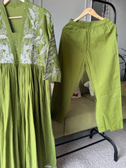 Urmi Embroided Cotton Dress- Green