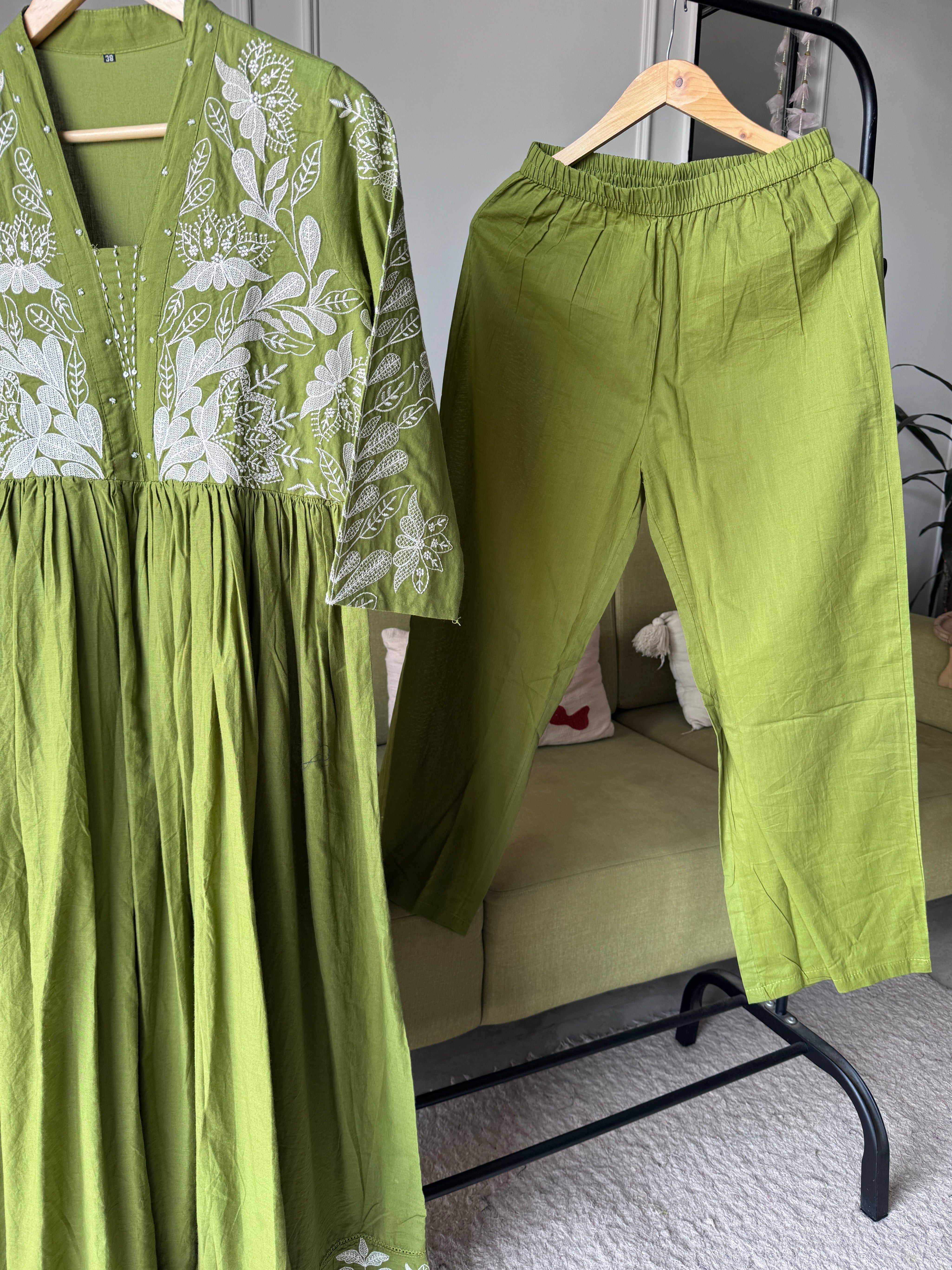 Urmi Embroided Cotton Dress- Green