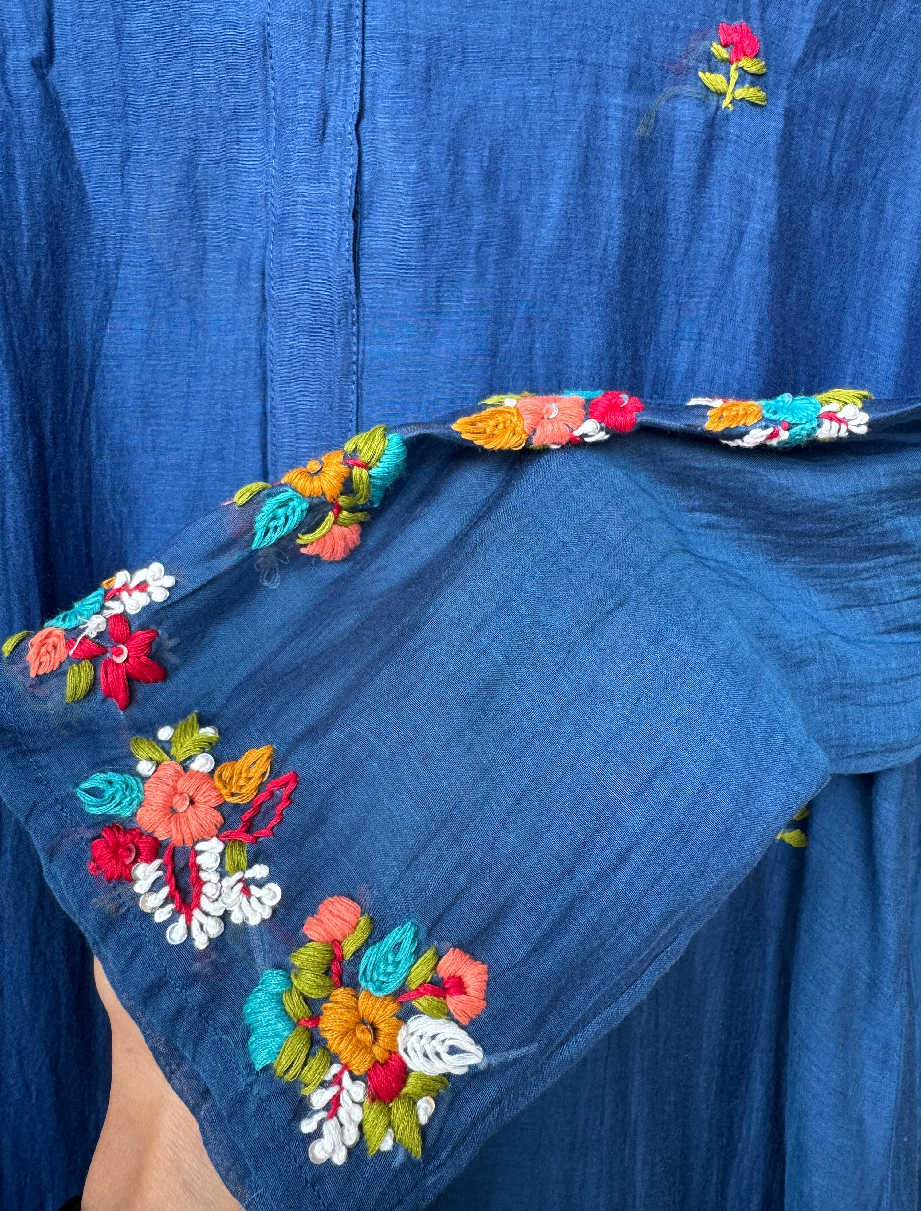 Parul Embroided Mul Chanderi Dress- Blue