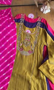 Tara Contrast Bandhej Dupatta Pure zardosi Dress-Mehndi Yellow