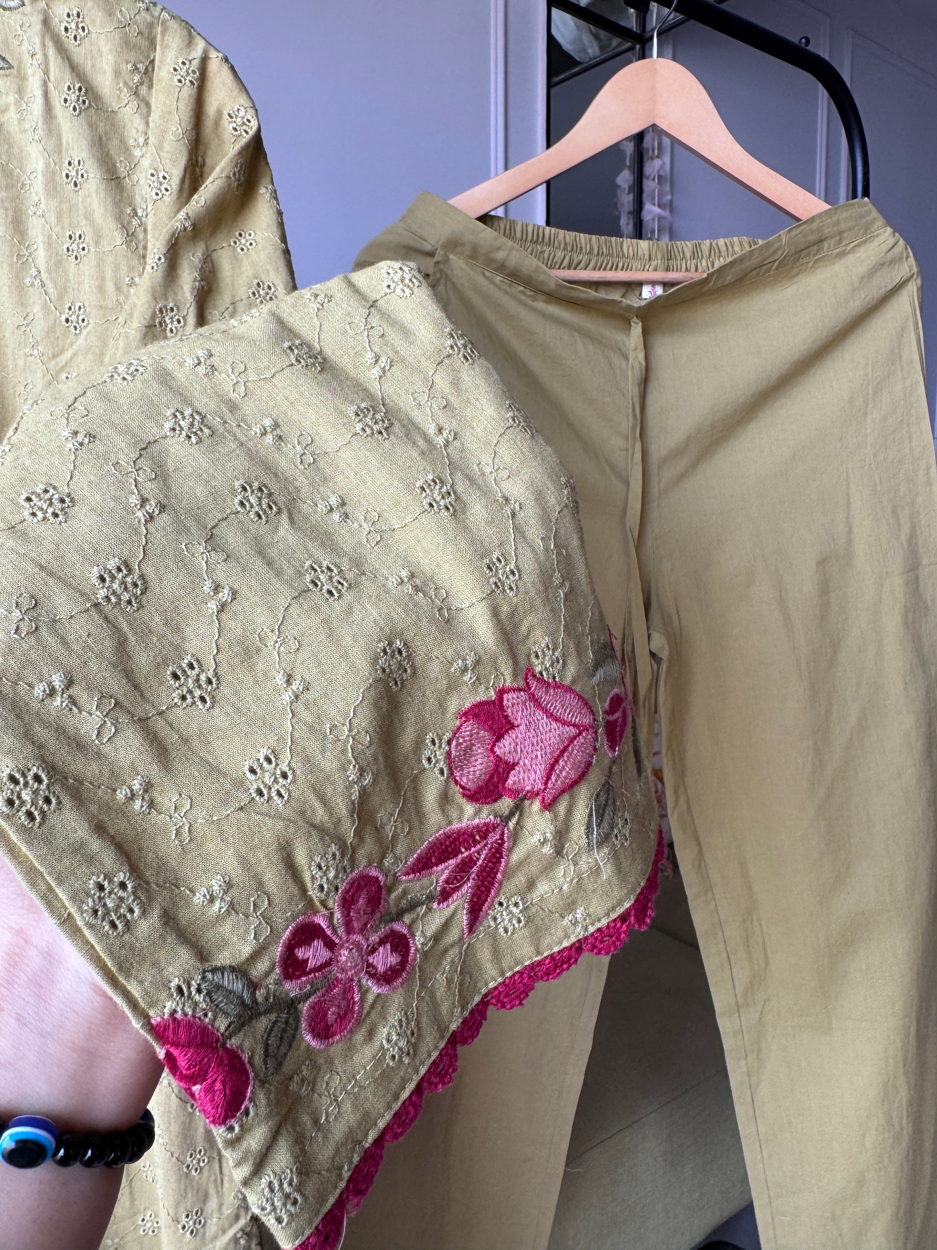 Mahima Embroided Cotton Dress-Green