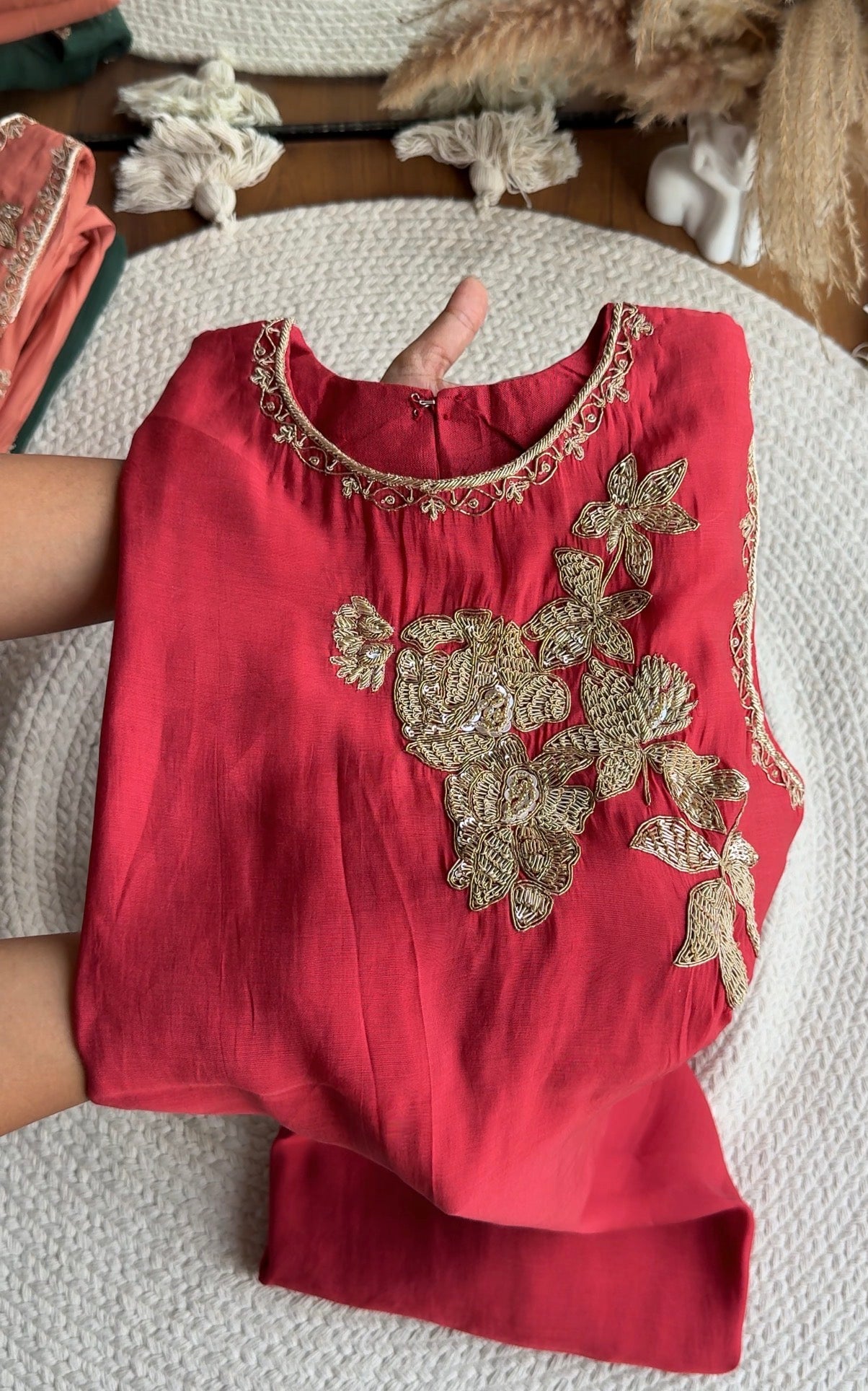 Siona Short Kurta Hand Work Dress With Sleeve Option- Rust