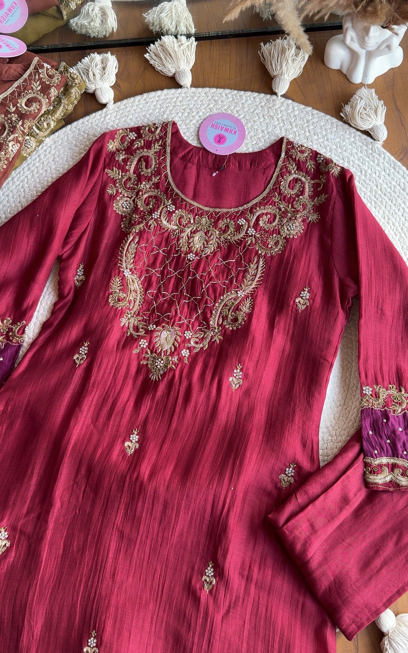 Shama Hand  Zardoshi Aline Dress- Maroon