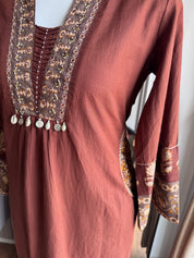 Pamela Embroidery Cotton Dress - Brown