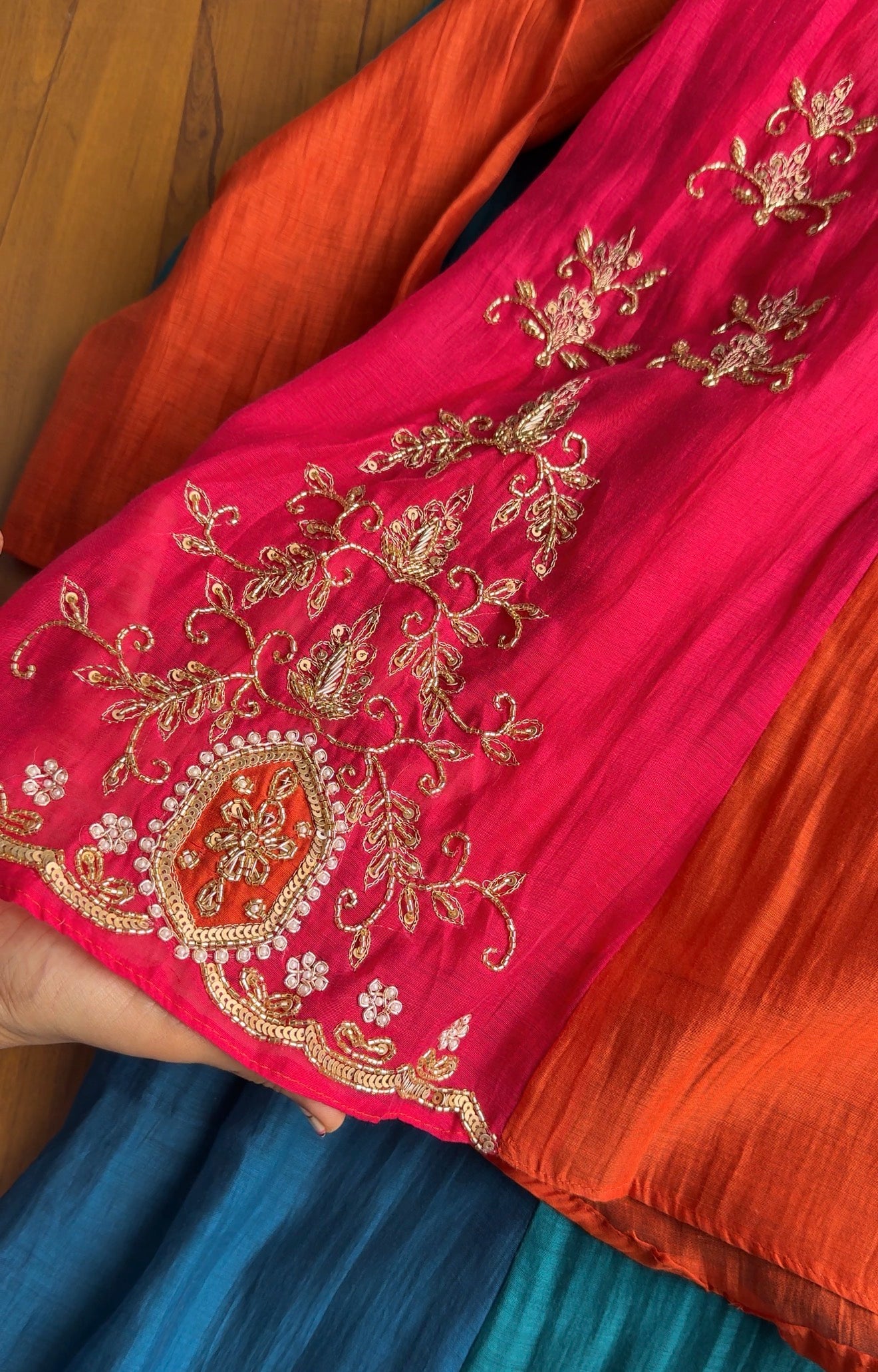 Neha Contrast Kali Handwork Anarkali Dress- Rust (Pre Order 12 Days)