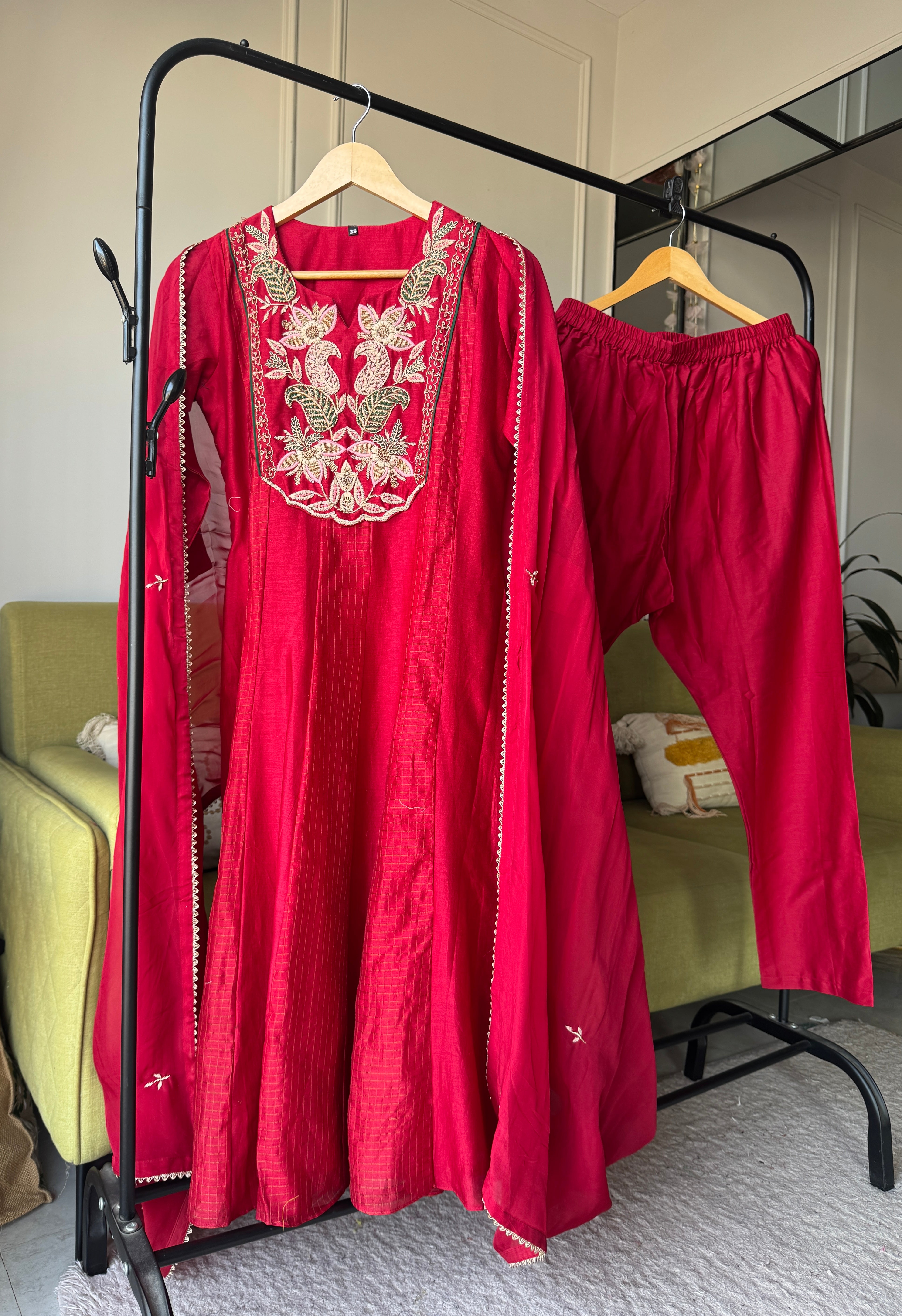 Rinki Handwork Mul Chanderi Dress- Red