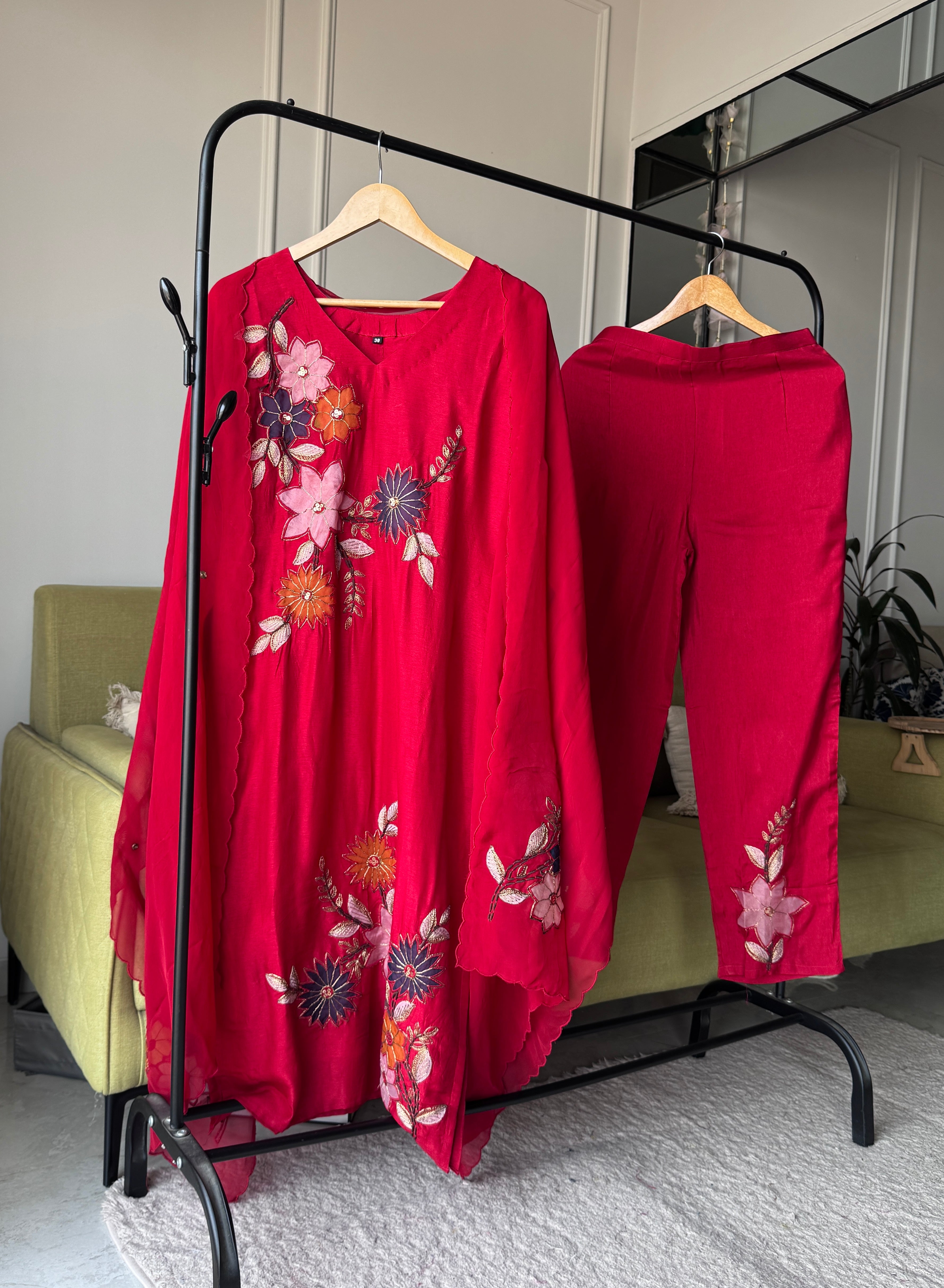 Kriti Russian Silk Embroided Dress- Red