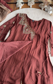 Aditi Short Kurta Hand Work Angrakha Dress-Brown