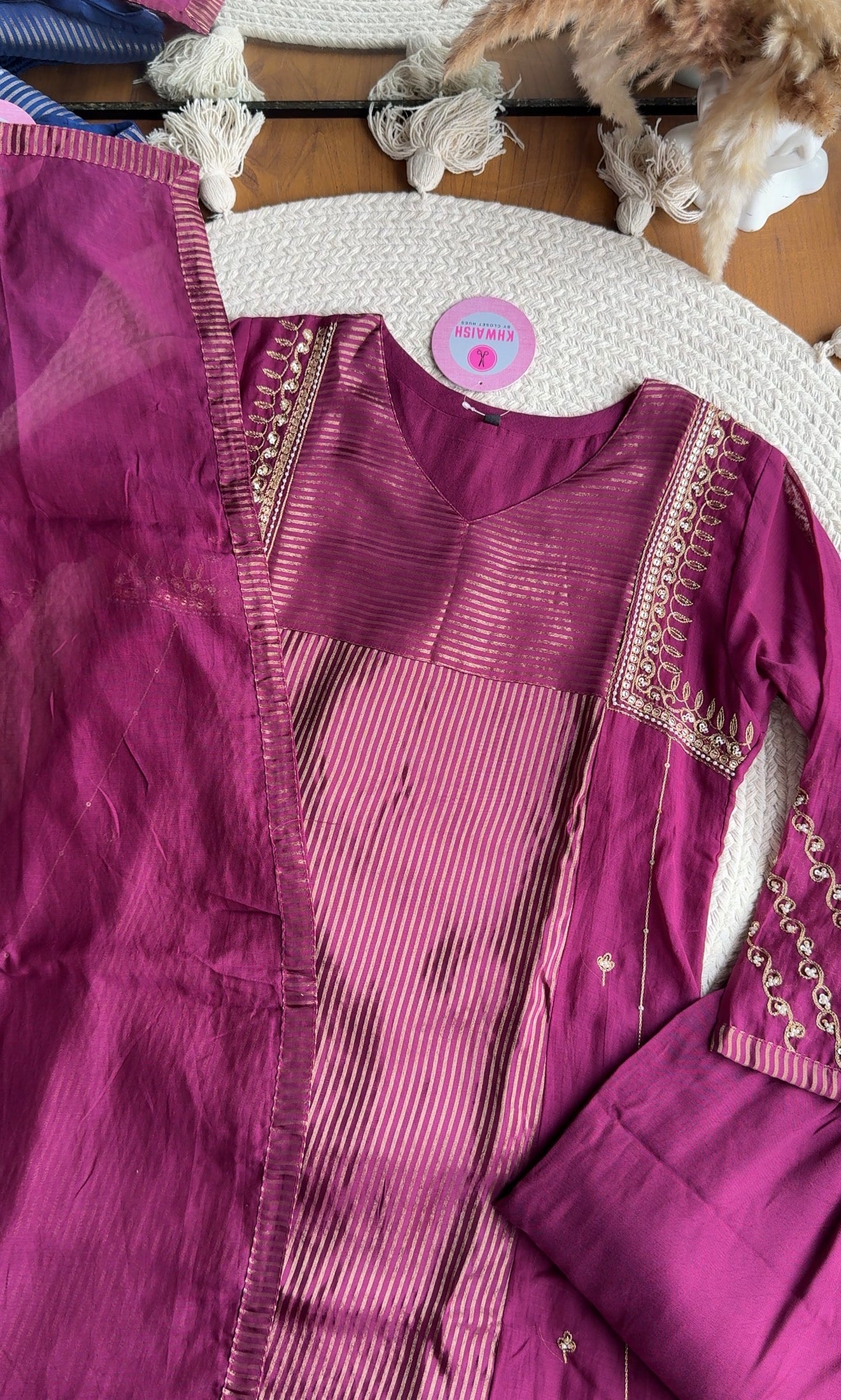 Suri Handwork Mul Chanderi Dress-Wine
