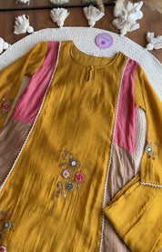 Geet  Contrast Panel Embroidered Dress-Yellow