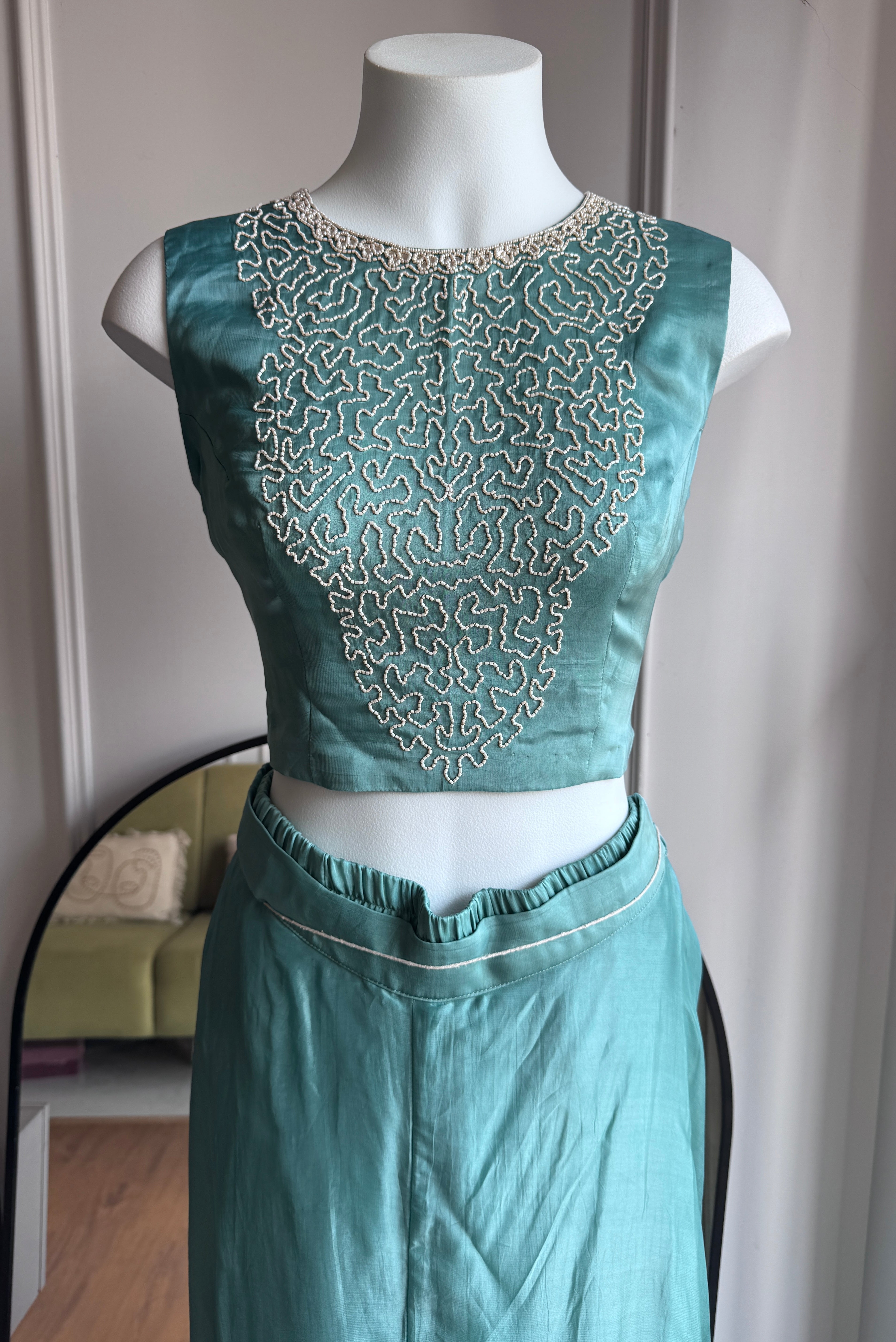 Zheel Handwork Bustier With Short Kurta And Plazzo Pants- Sky Blue(Make to Order)